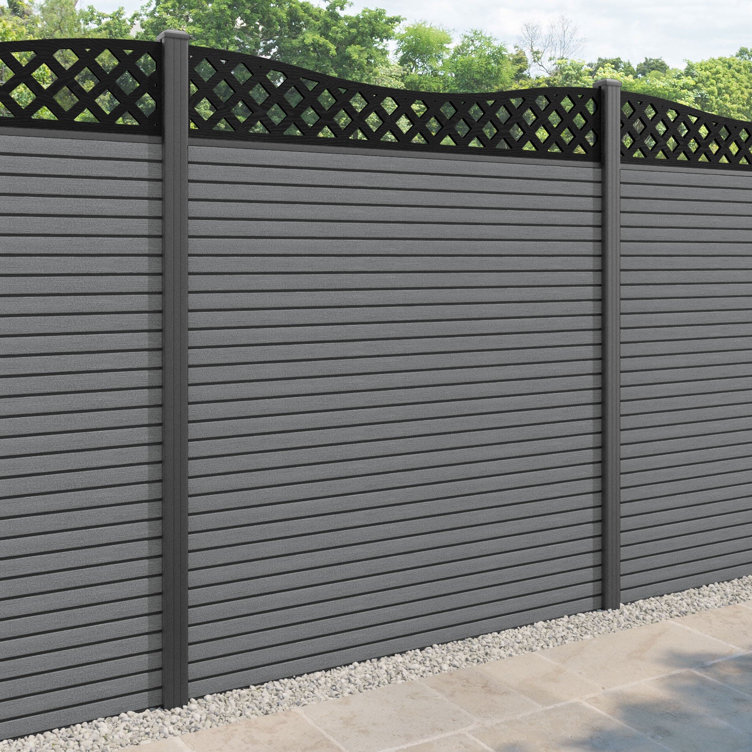 Hudson Low Wave Fence Panel - Mid Grey - with our aluminium posts