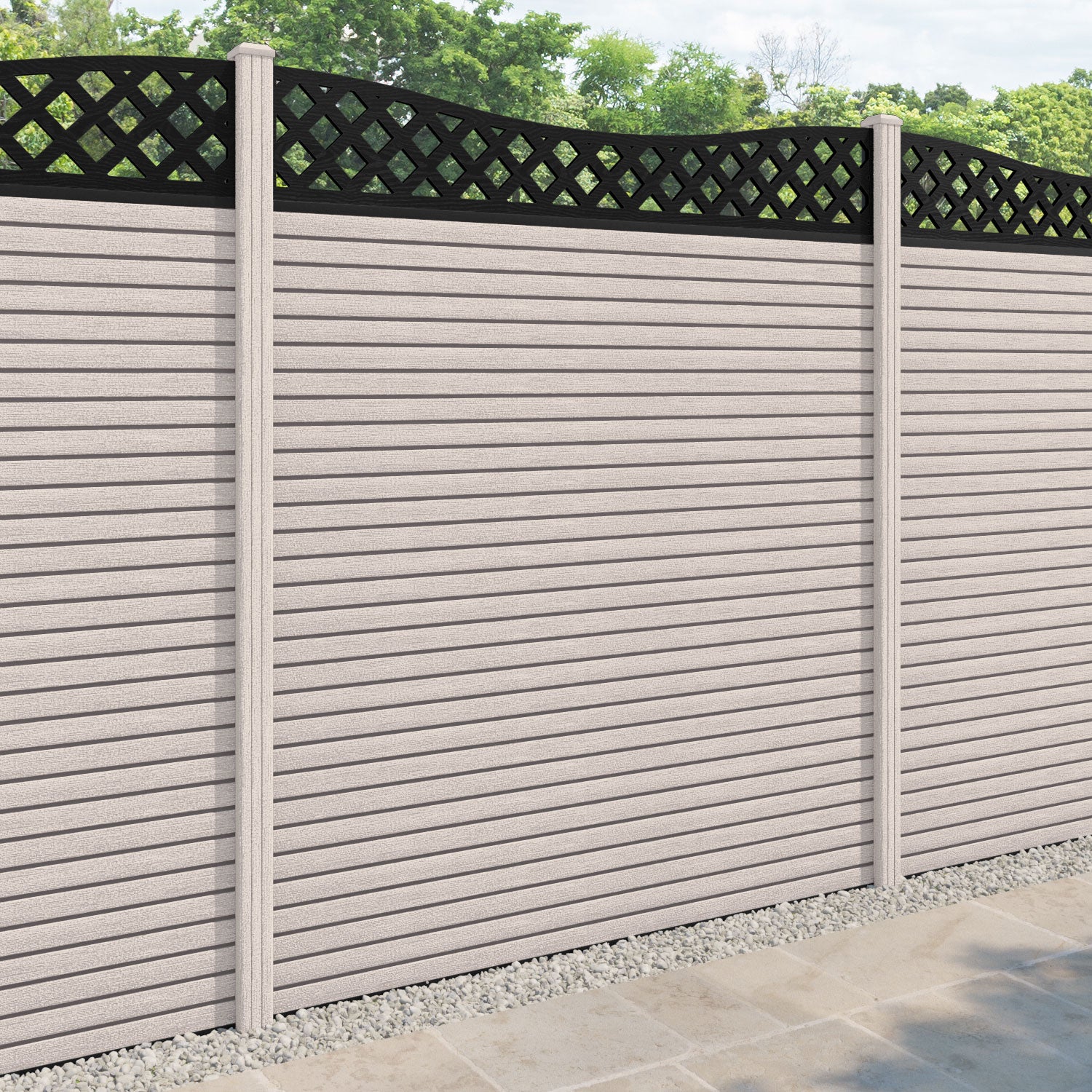 Hudson Low Wave Curved Top Fence Panel - Mid Stone - with our composite posts
