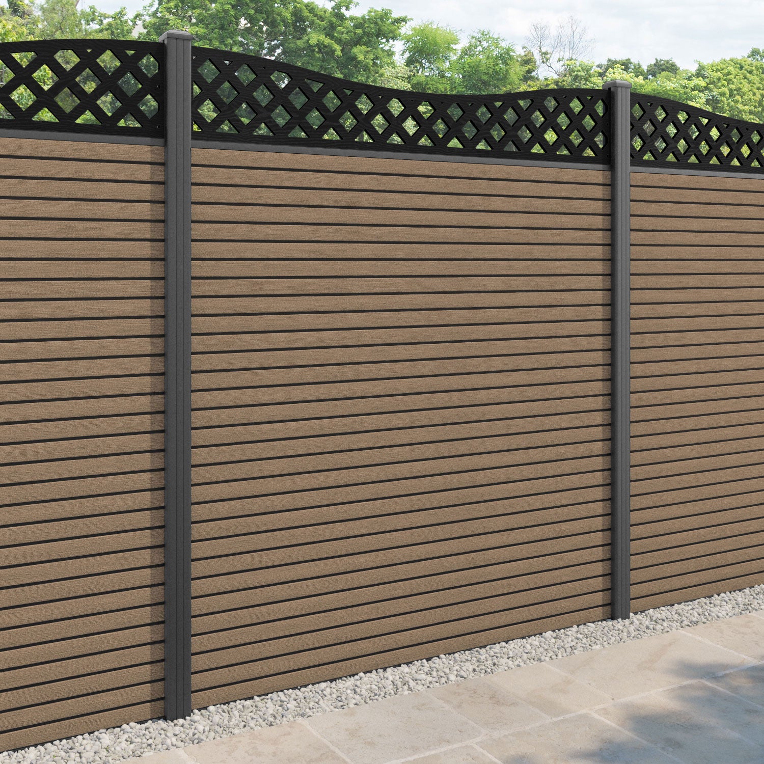 Hudson Low Wave Fence Panel - Teak - with our aluminium posts
