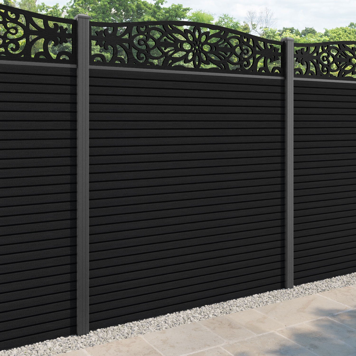 Hudson Windsor Curved Top Fence Panel - Black - with our aluminium posts