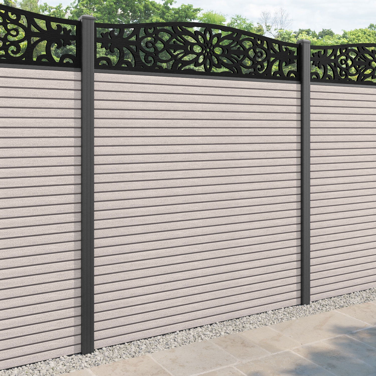Hudson Windsor Curved Top Fence Panel - Mid Stone - with our aluminium posts