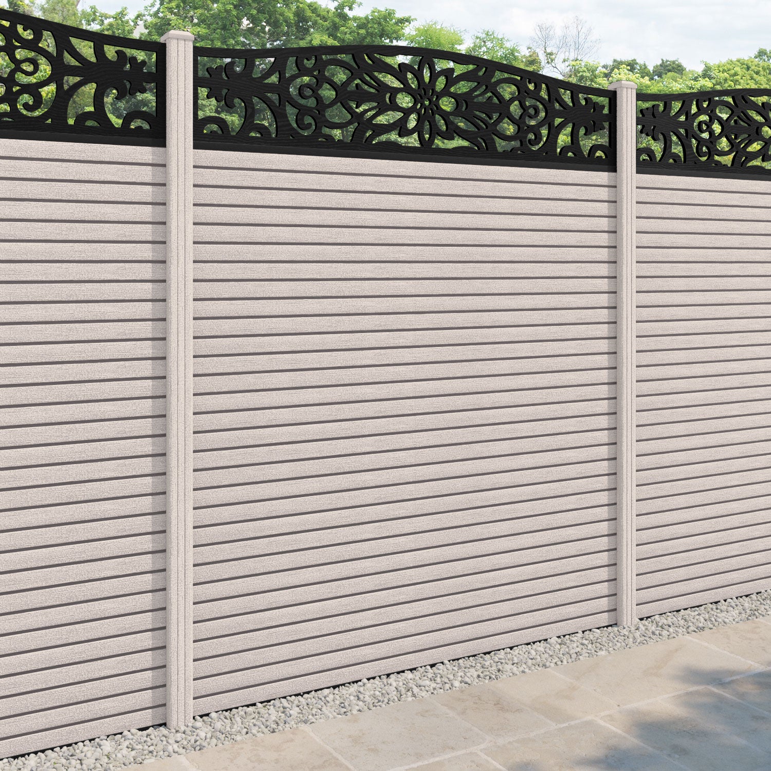 Hudson Windsor Curved Top Fence Panel - Mid Stone - with our composite posts