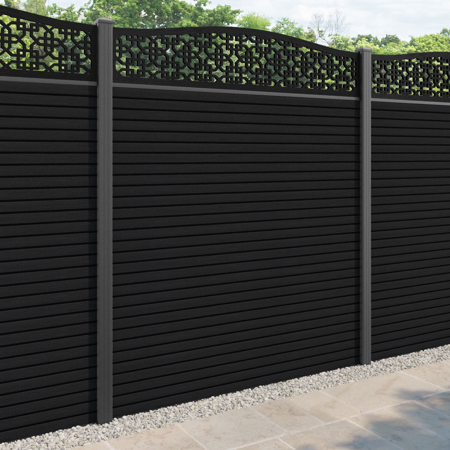 Hudson Zaria Curved Top Fence Panel - Black - with our aluminium posts
