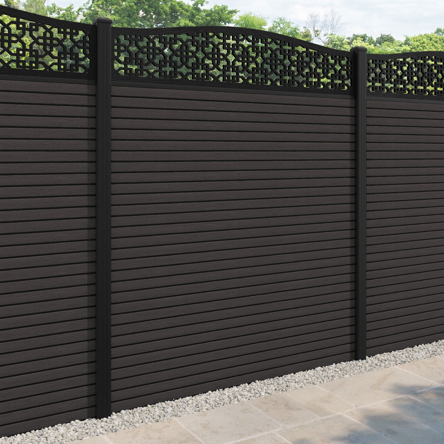 Hudson Zaria Curved Top Fence Panel - Dark Oak - with our aluminium posts
