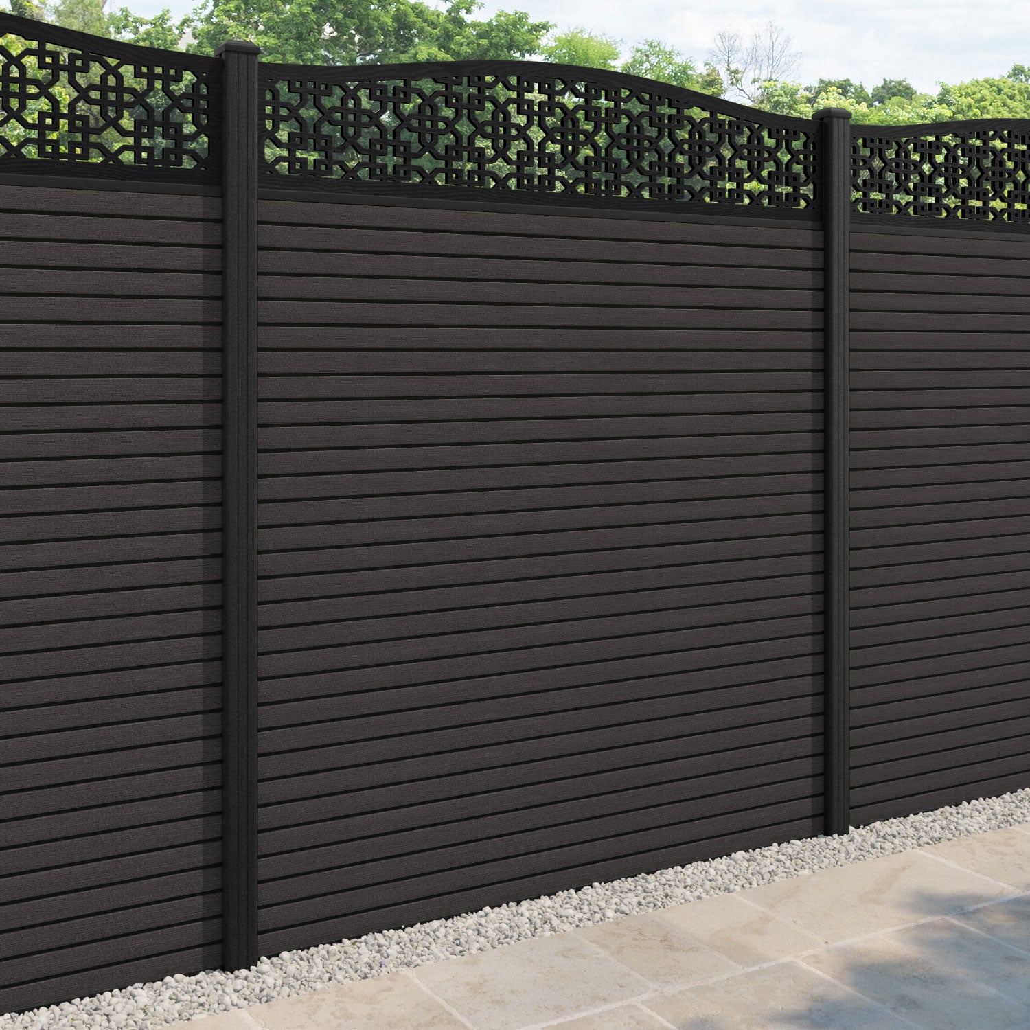 Hudson Zaria Curved Top Fence Panel - Dark Oak - with our composite posts