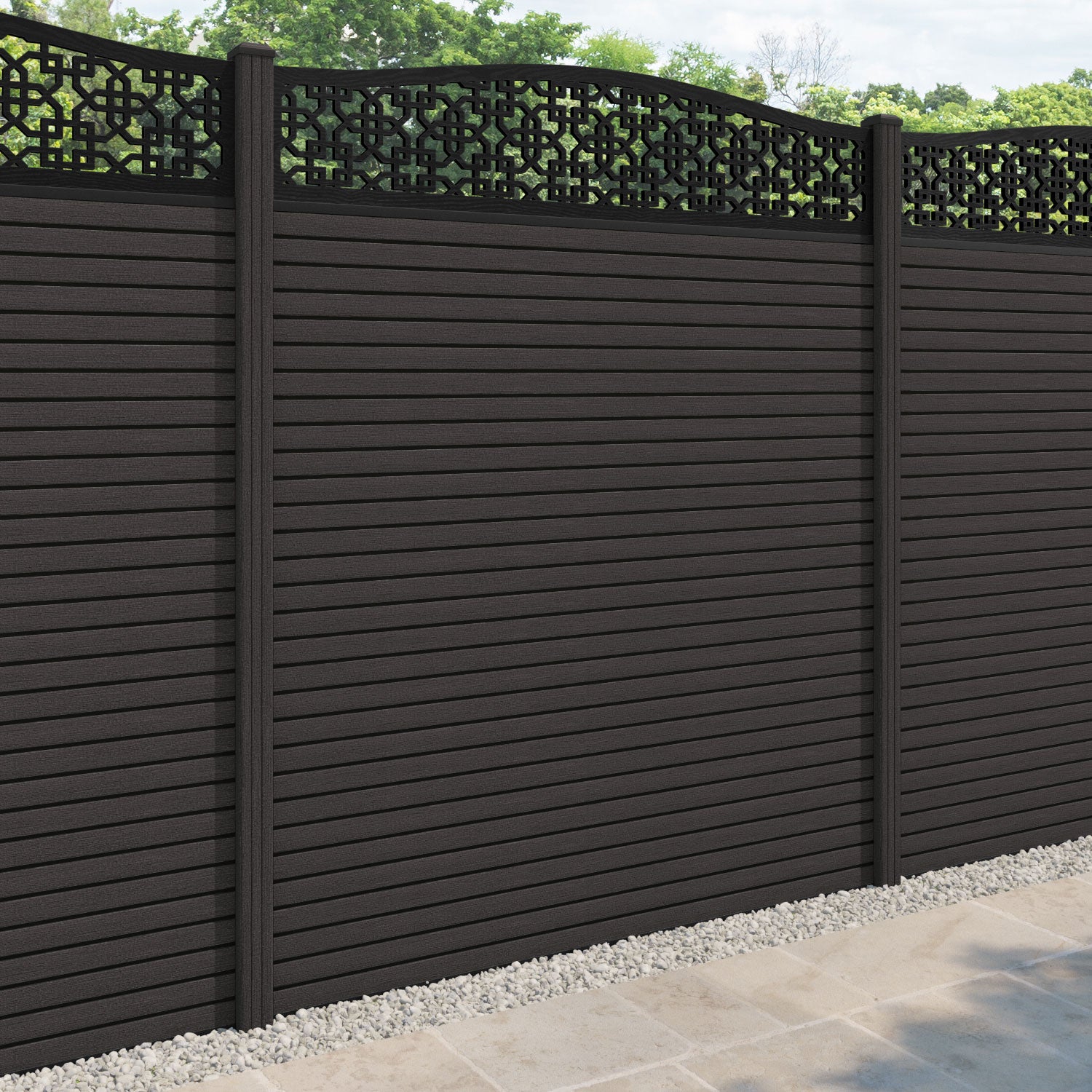 Hudson Zaria Curved Top Fence Panel - Dark Oak - with our composite posts