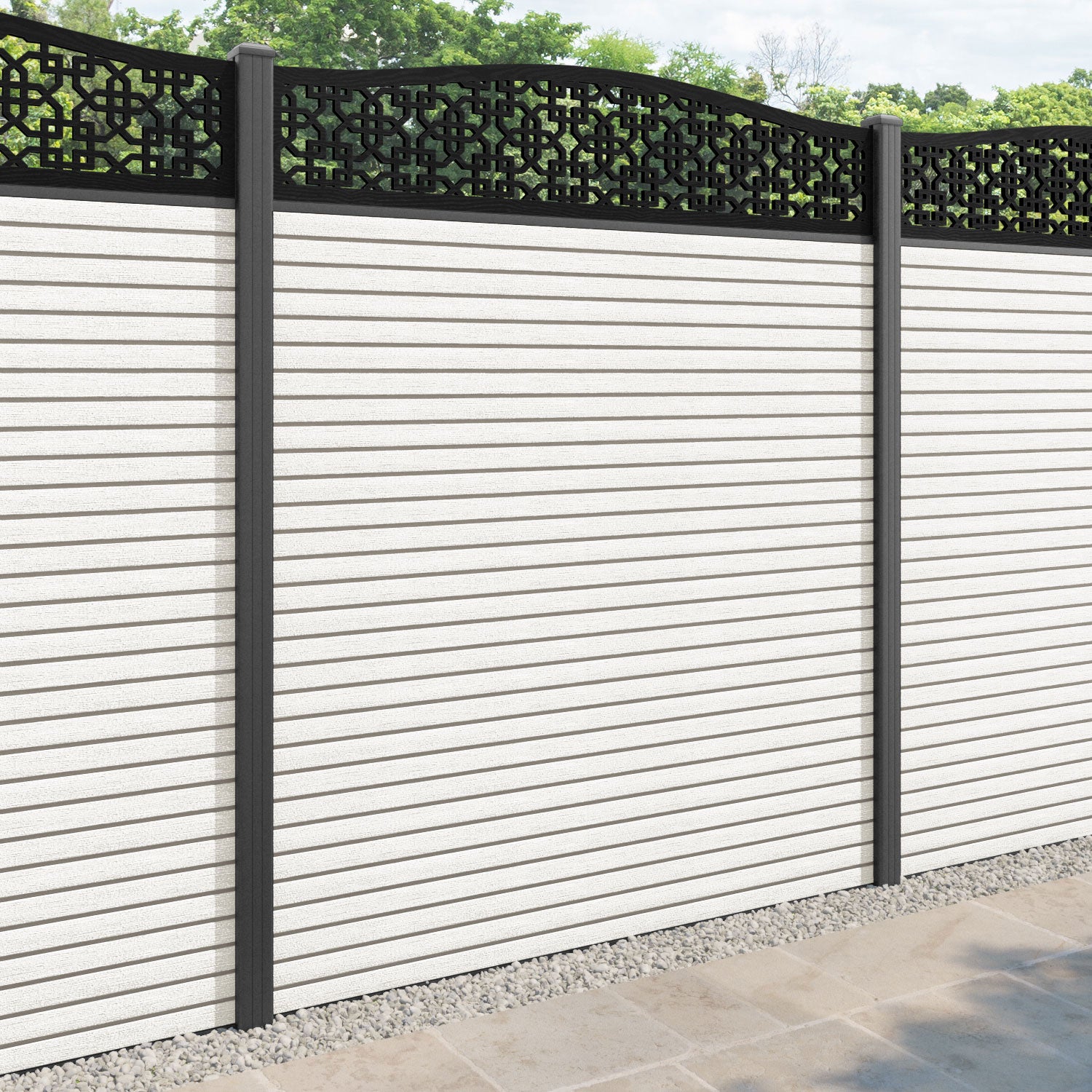 Hudson Zaria Curved Top Fence Panel - Light Stone - with our aluminium posts