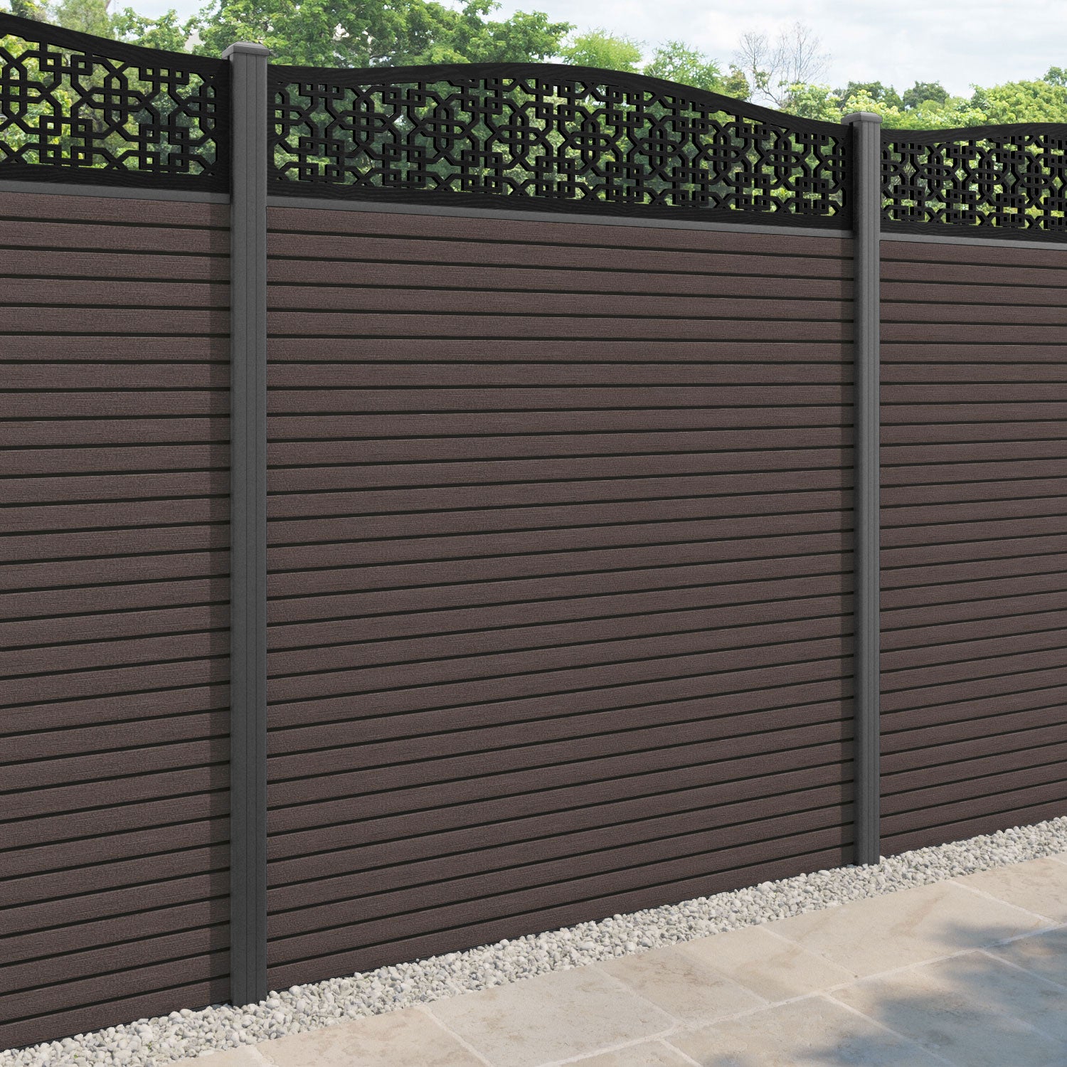 Hudson Zaria Curved Top Fence Panel - Mid Brown - with our aluminium posts