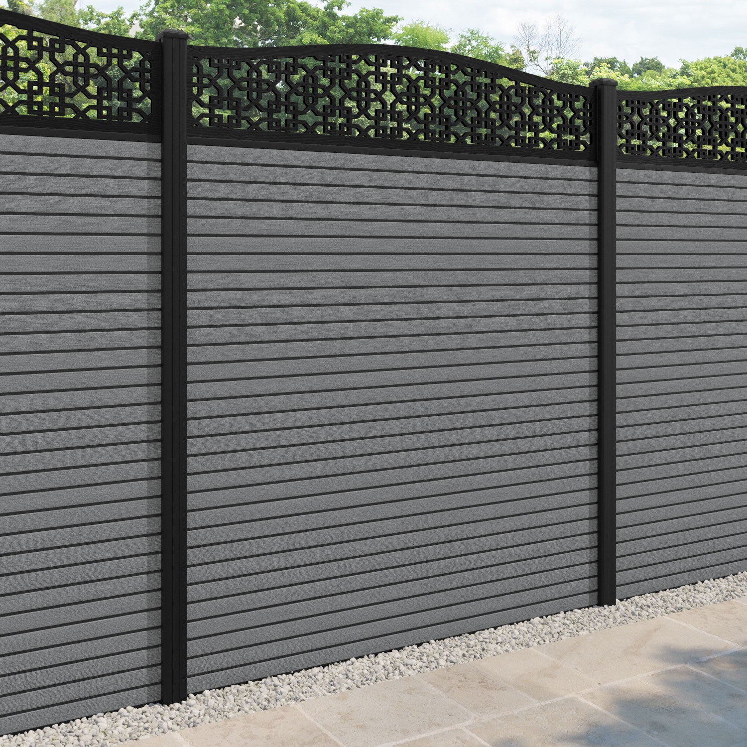 Hudson Zaria Curved Top Fence Panel - Mid Grey - with our aluminium posts