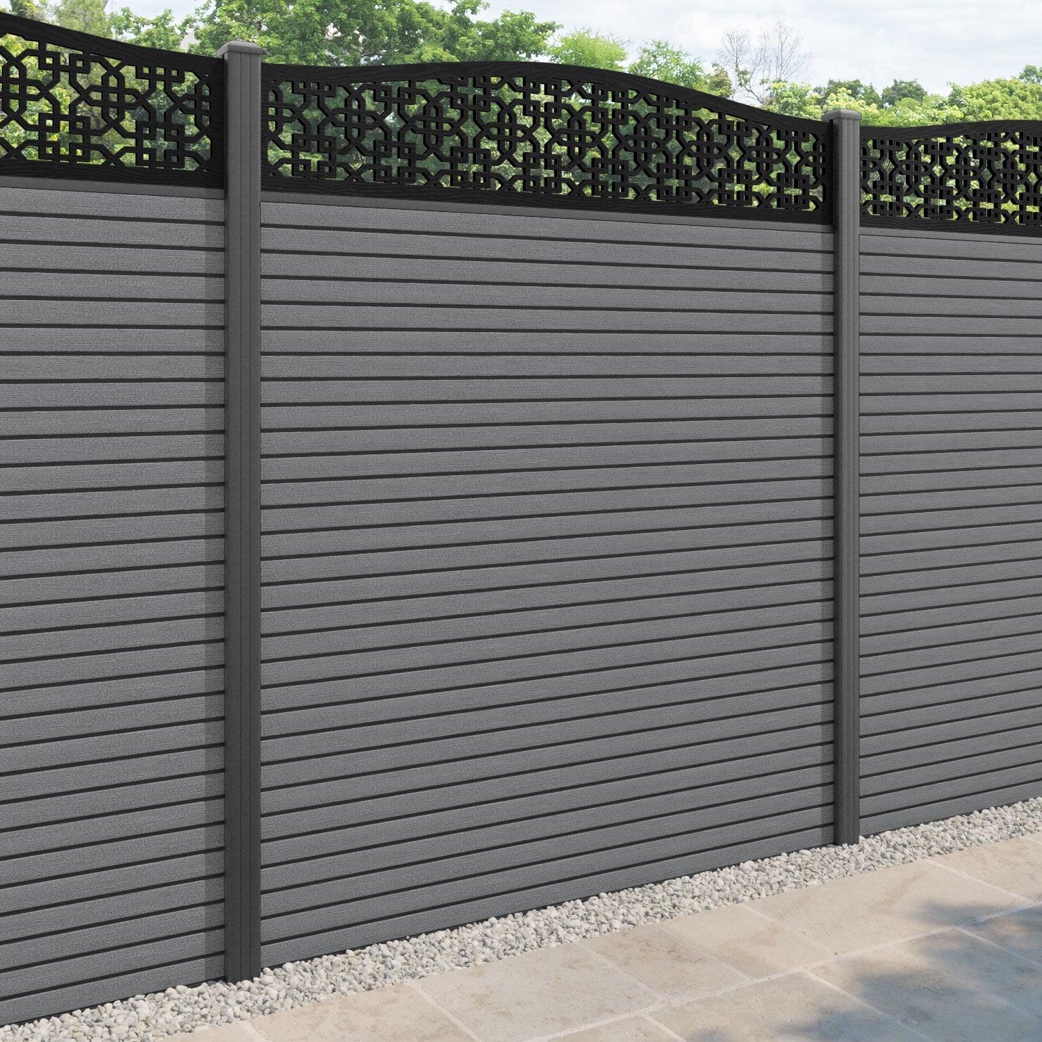 Hudson Zaria Curved Top Fence Panel - Mid Grey - with our aluminium posts