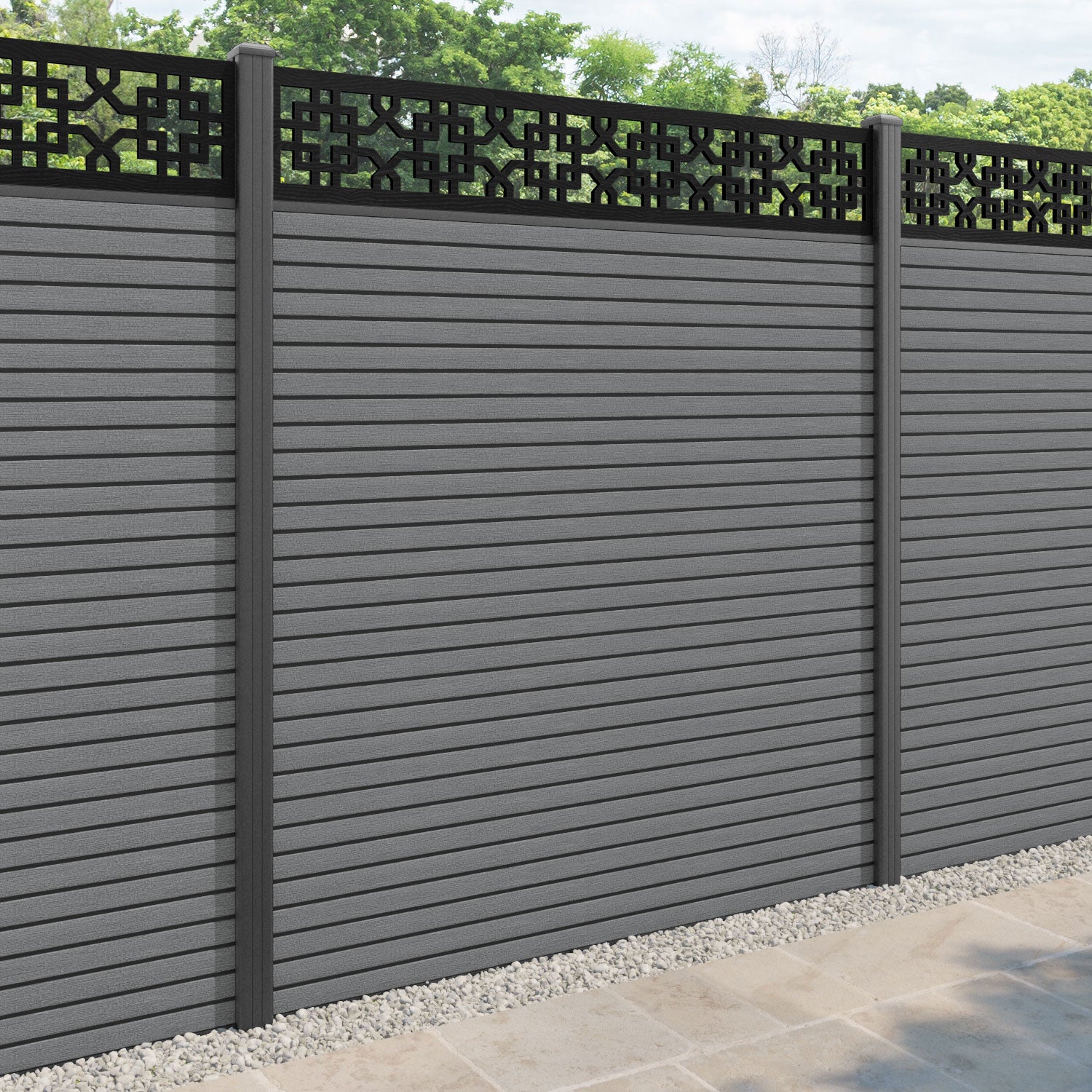 Hudson Zaria Fence Panel - Mid Grey - with our aluminium posts