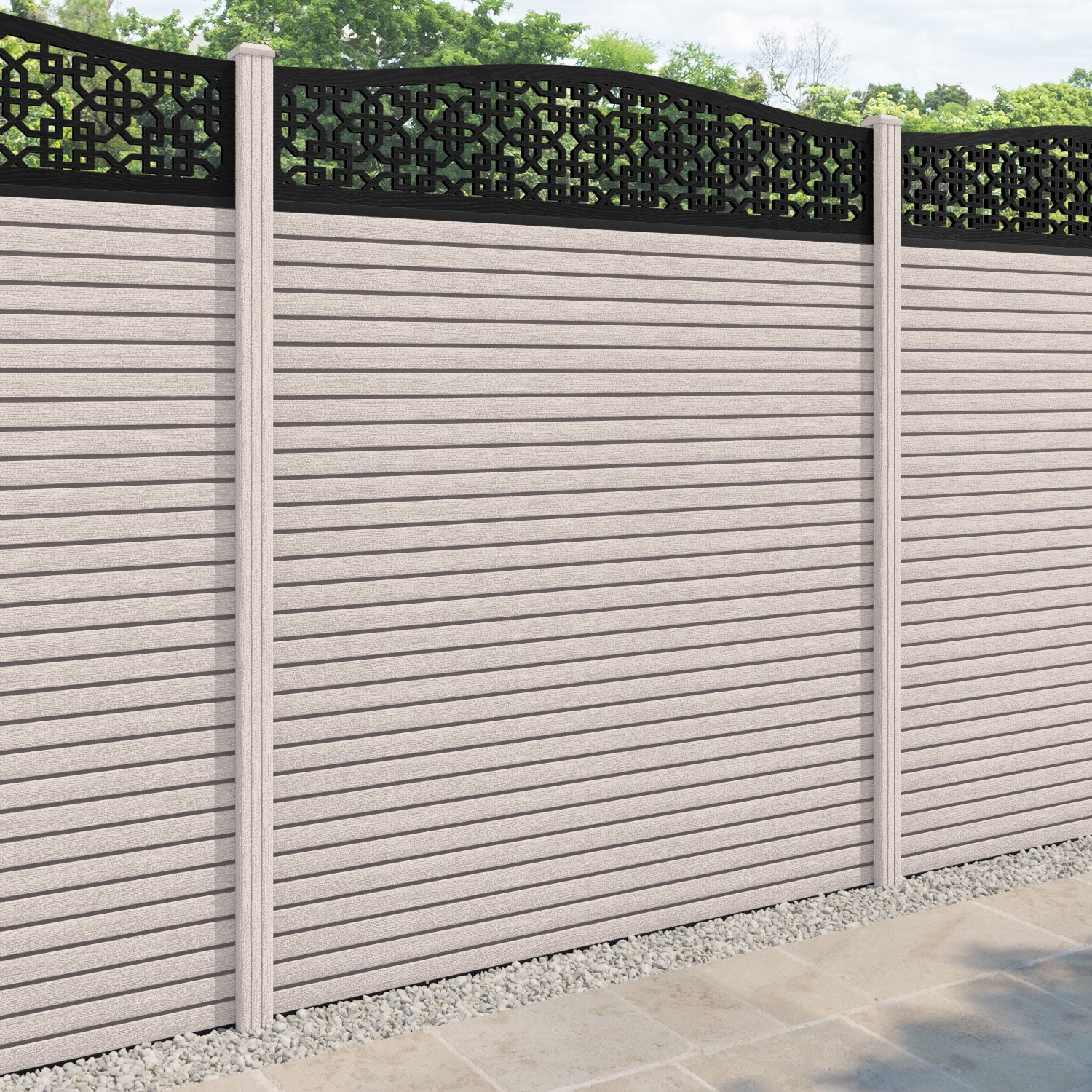 Hudson Zaria Curved Top Fence Panel - Mid Stone - with our composite posts