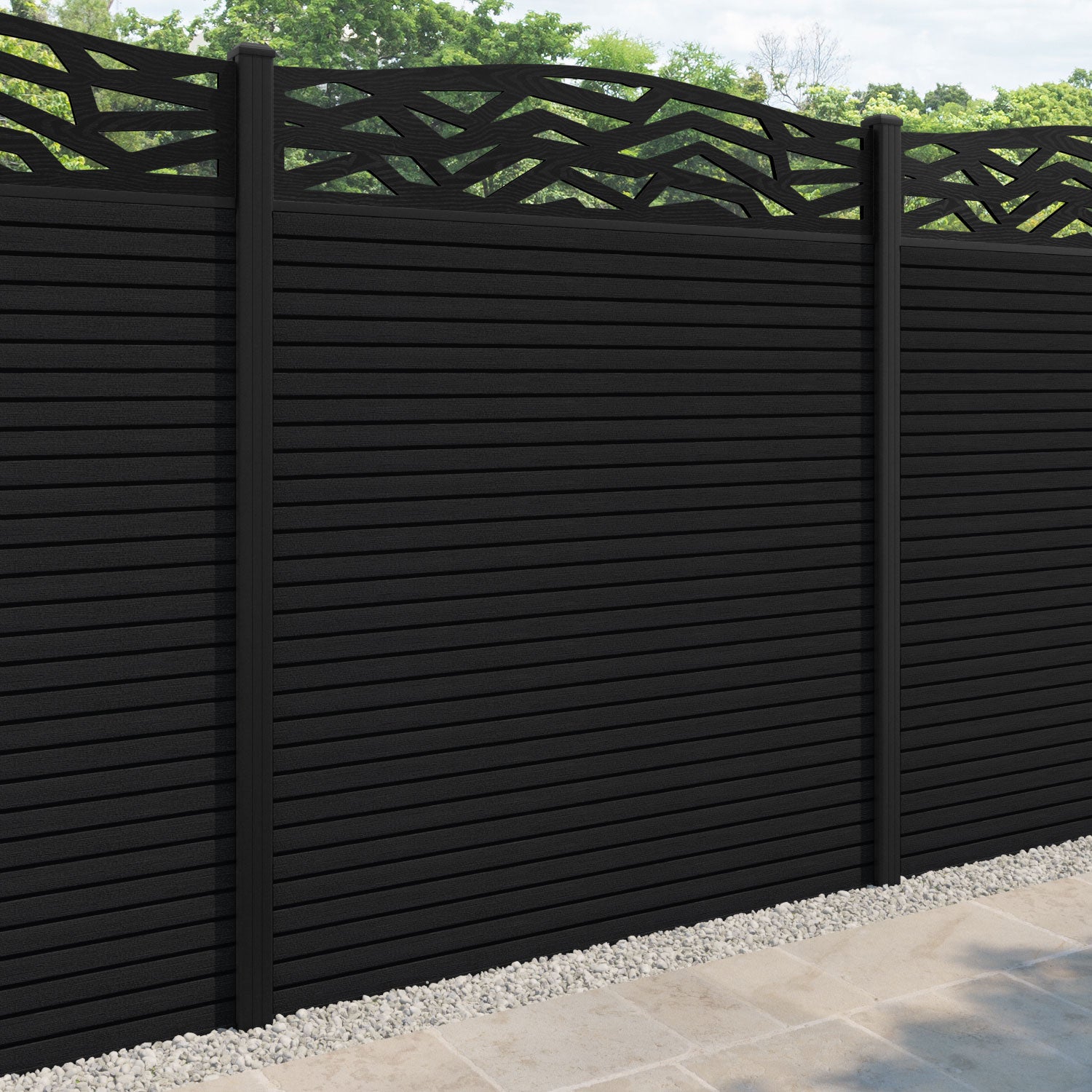 Hudson Zenith Curved Top Fence Panel - Black - with our aluminium posts