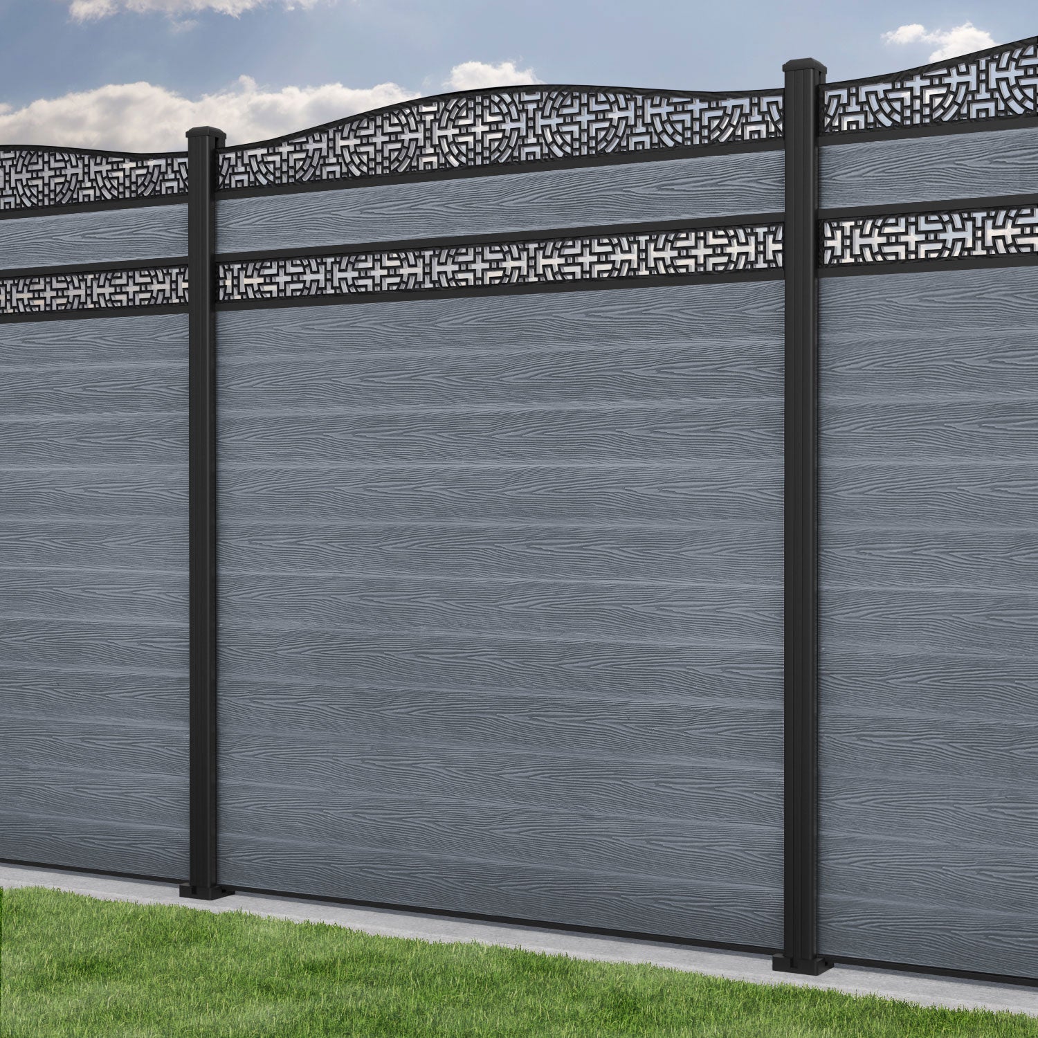 Classic Kumo Curved Top Split Screen Fence Panel - Anthracite - with our aluminium posts
