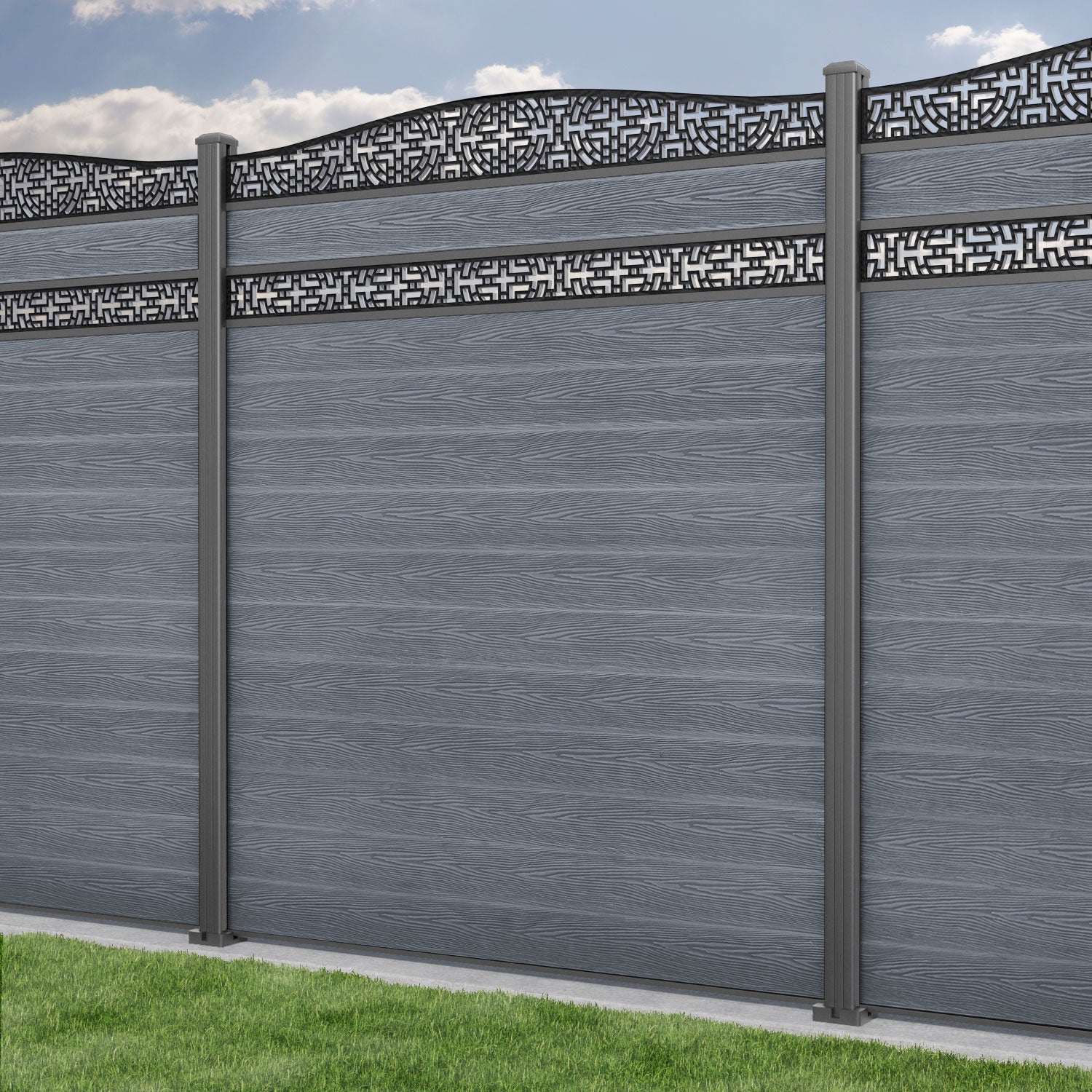 Classic Kumo Curved Top Split Screen Fence Panel - Anthracite - with our aluminium posts