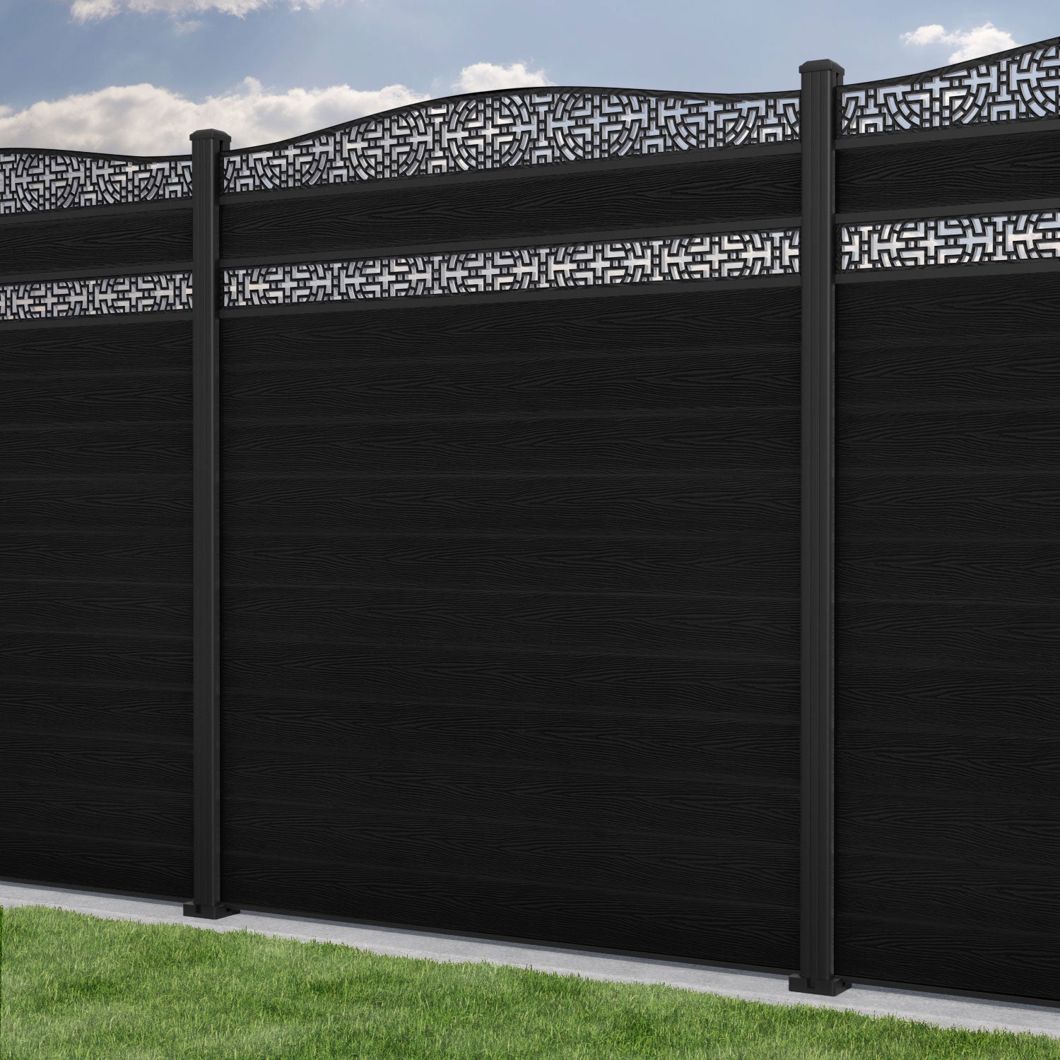 Classic Kumo Curved Top Split Screen Fence Panel - Black - with our aluminium posts