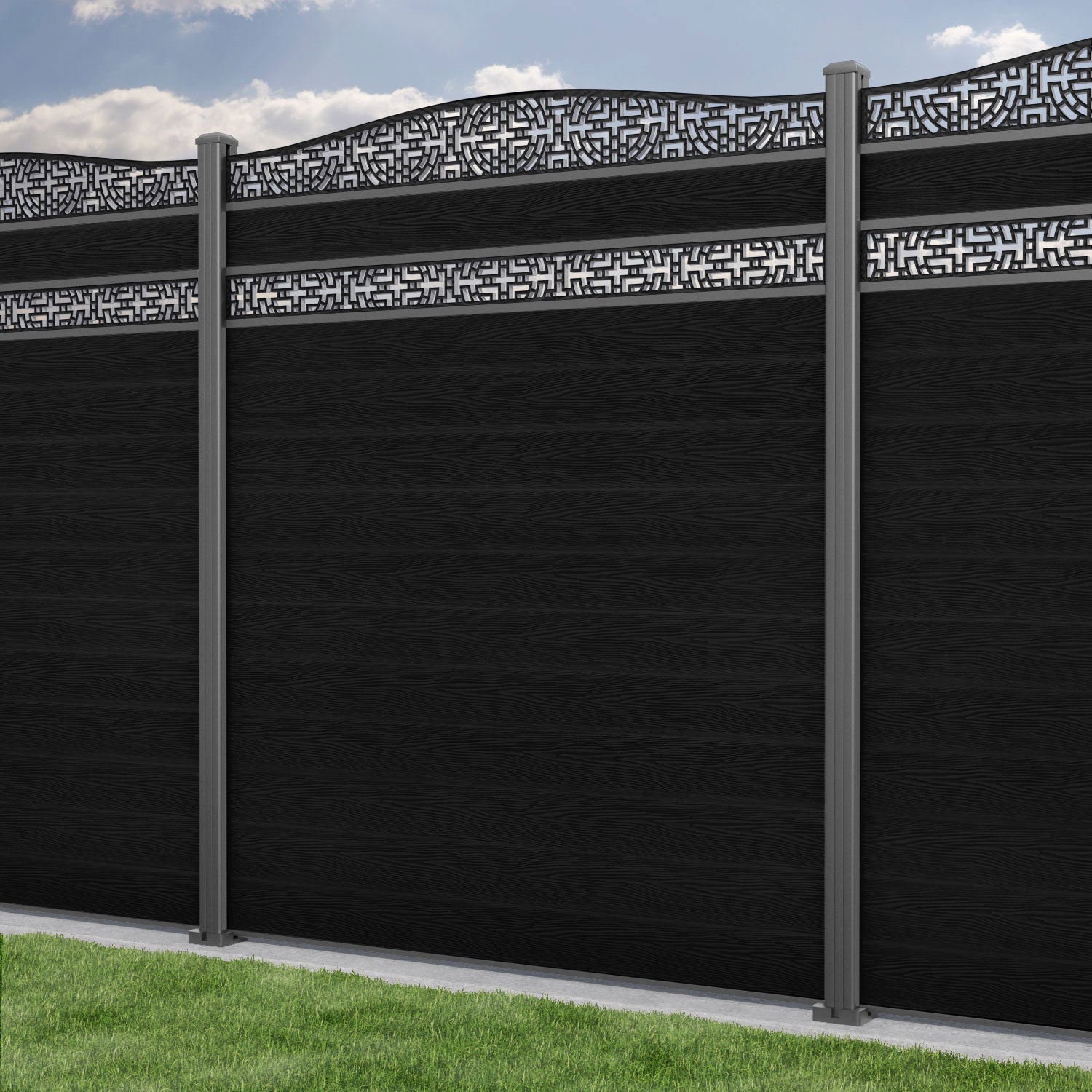 Classic Kumo Curved Top Split Screen Fence Panel - Black - with our aluminium posts