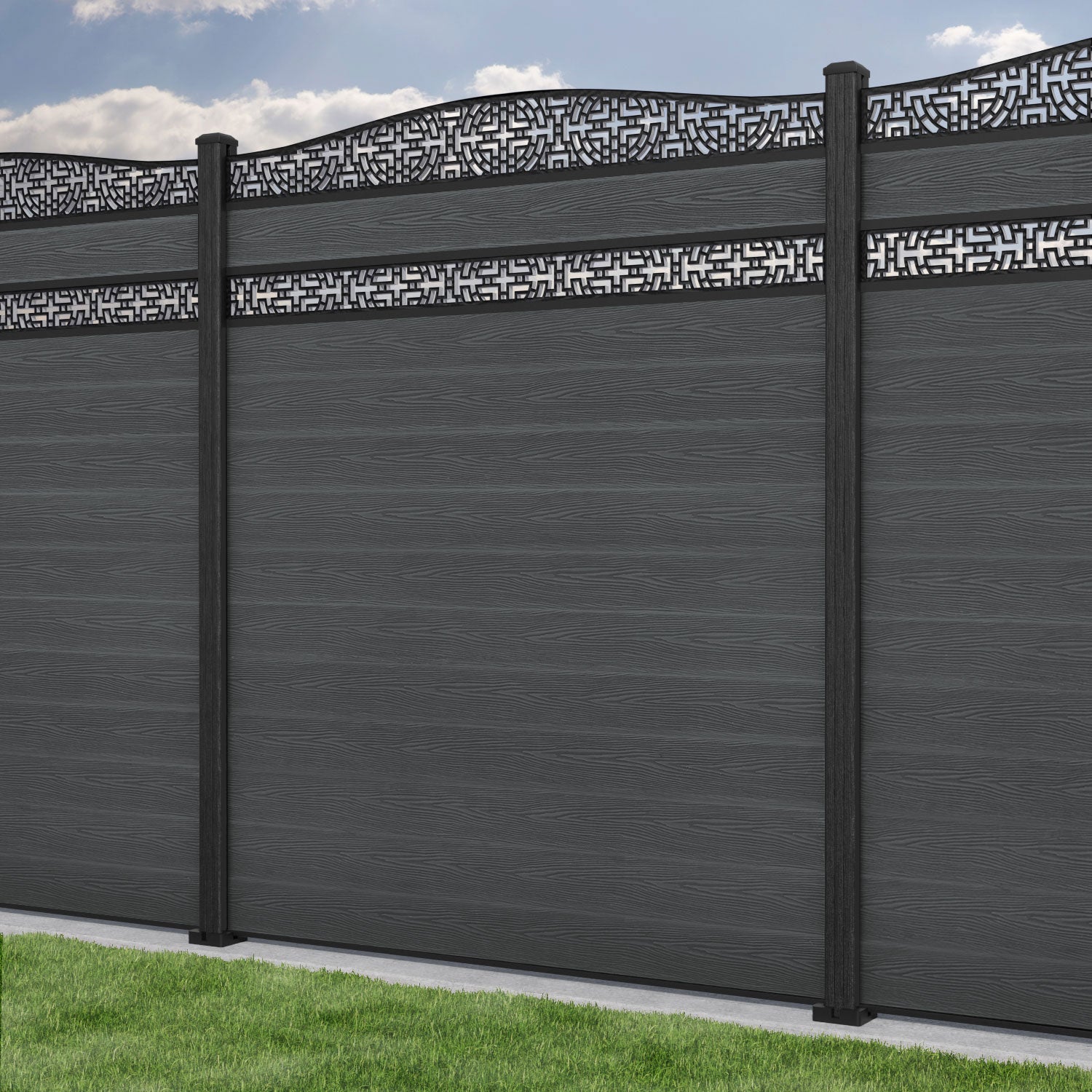 Classic Kumo Curved Top Split Screen Fence Panel - Dark Grey - with our composite posts