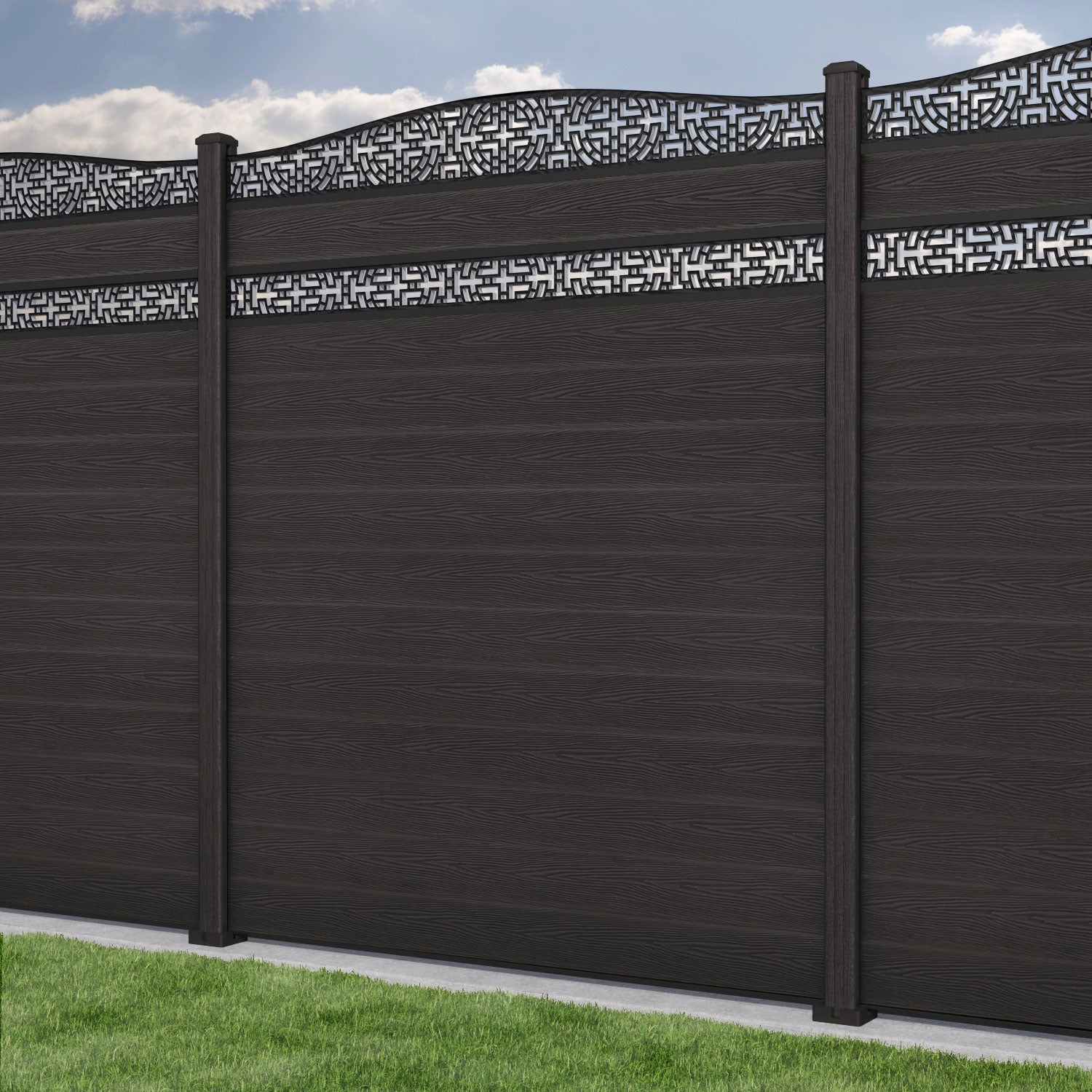 Classic Kumo Curved Top Split Screen Fence Panel - Dark Oak - with our composite posts