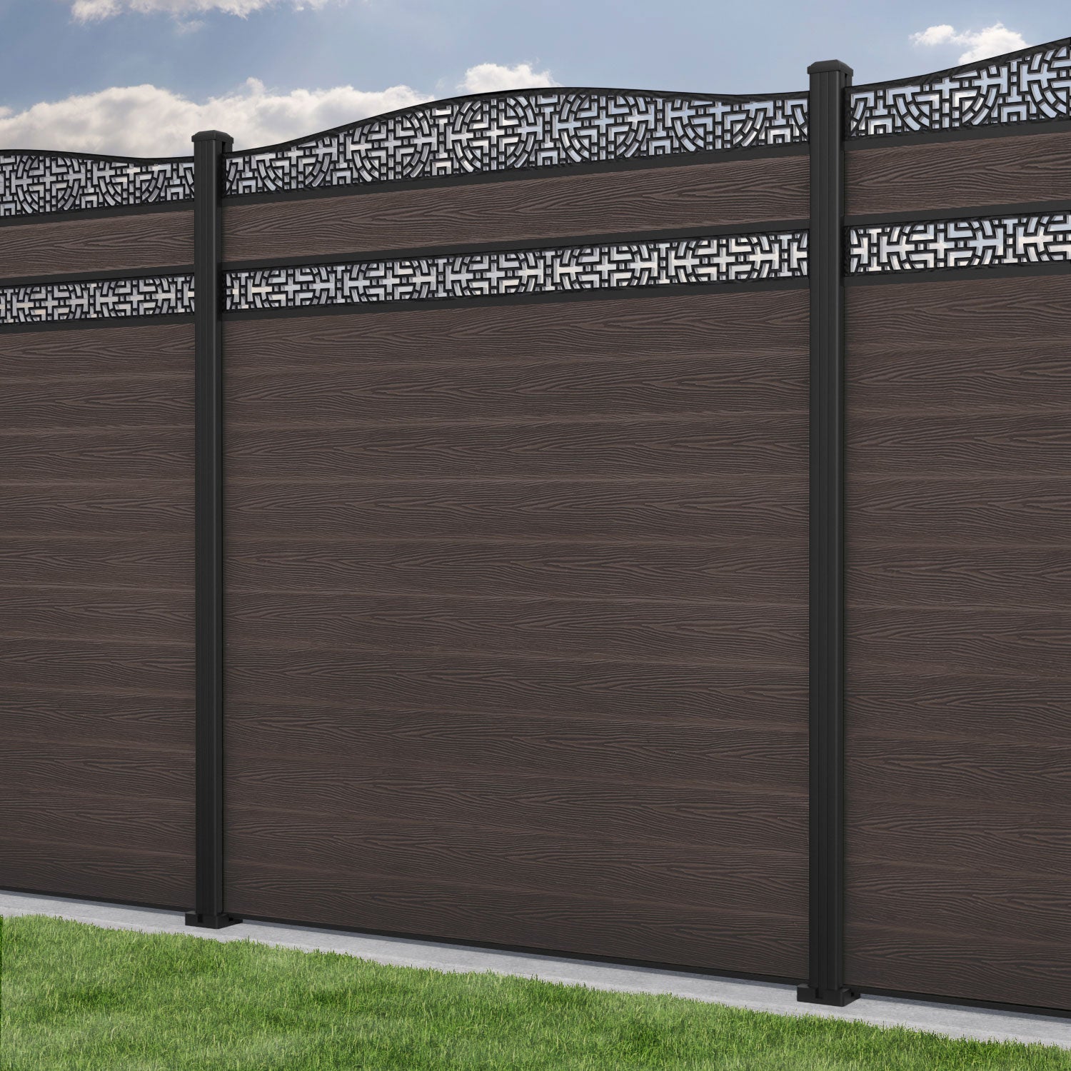 Classic Kumo Curved Top Split Screen Fence Panel - Mid Brown - with our aluminium posts