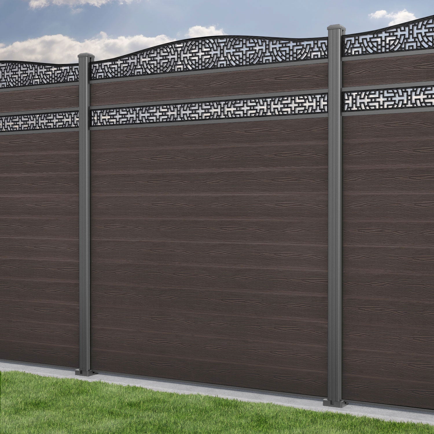 Classic Kumo Curved Top Split Screen Fence Panel - Mid Brown - with our aluminium posts