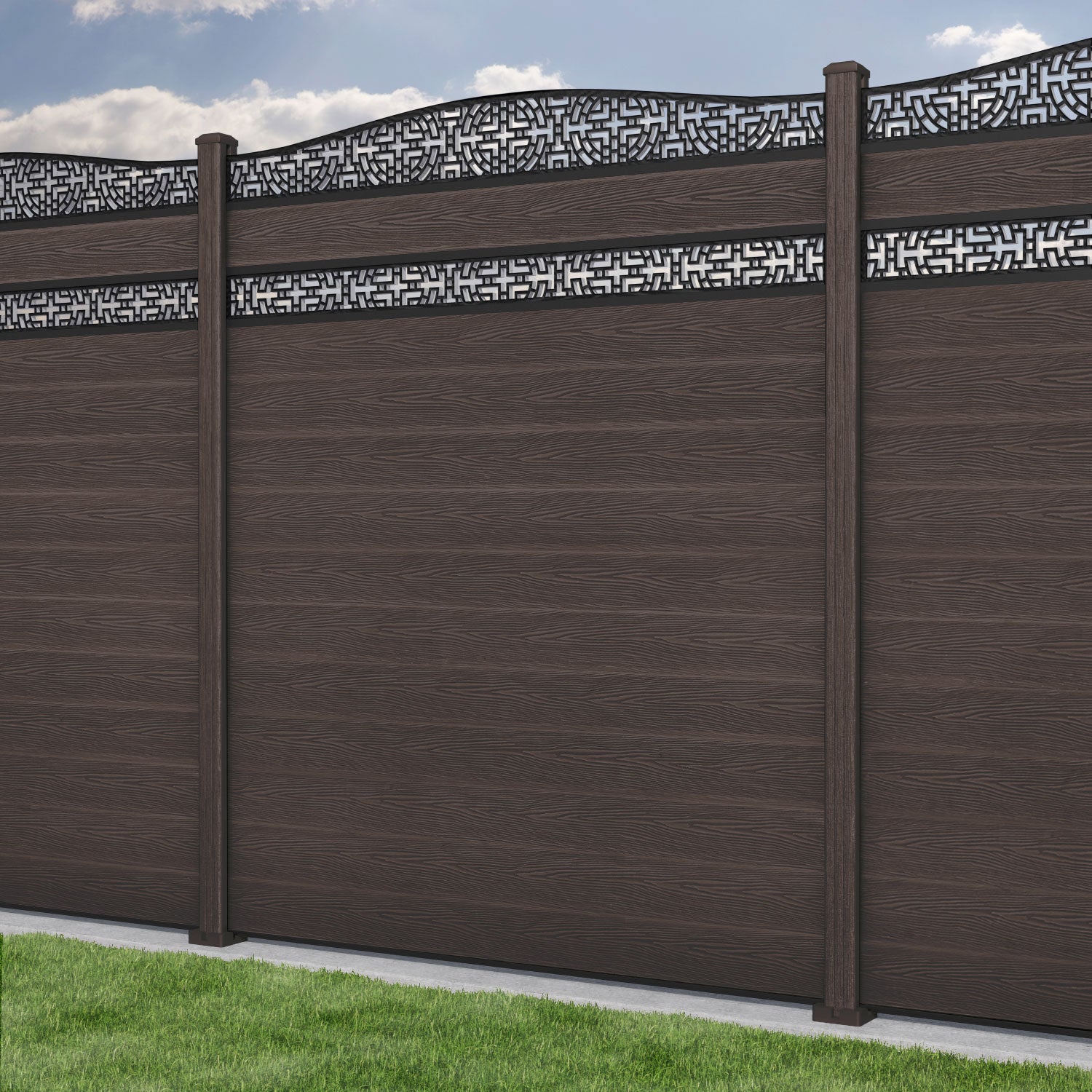 Classic Kumo Curved Top Split Screen Fence Panel - Mid Brown - with our composite posts