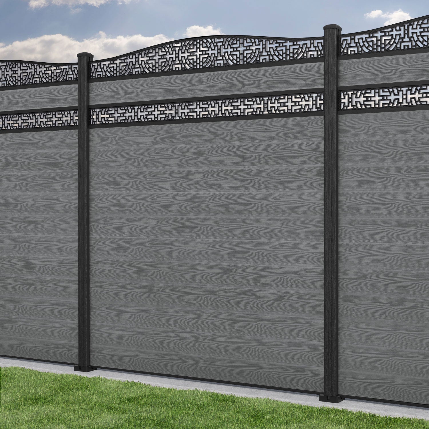 Classic Kumo Curved Top Split Screen Fence Panel - Mid Grey - with our composite posts