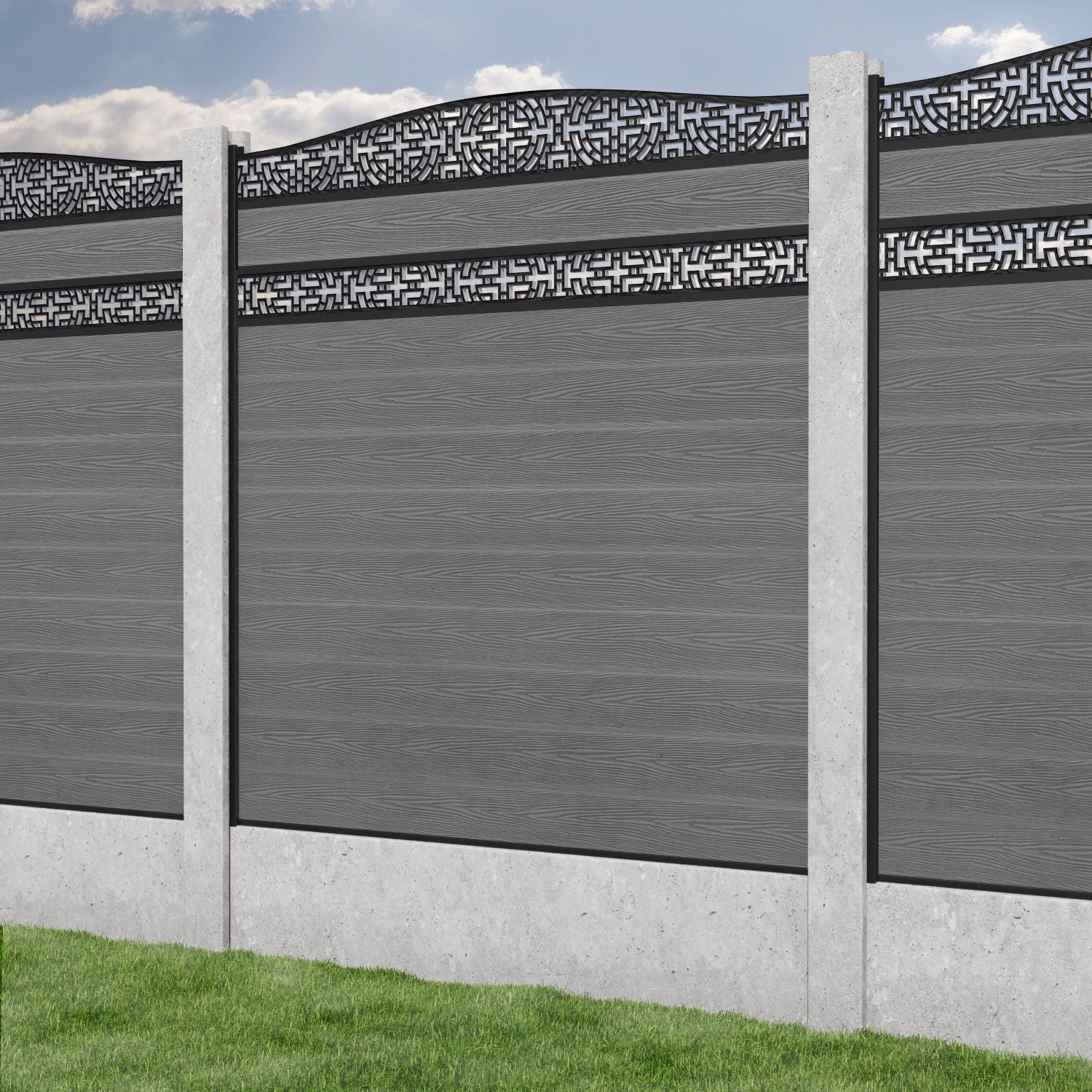Classic Kumo Curved Top Split Screen Fence Panel - Mid Grey - for existing concrete posts