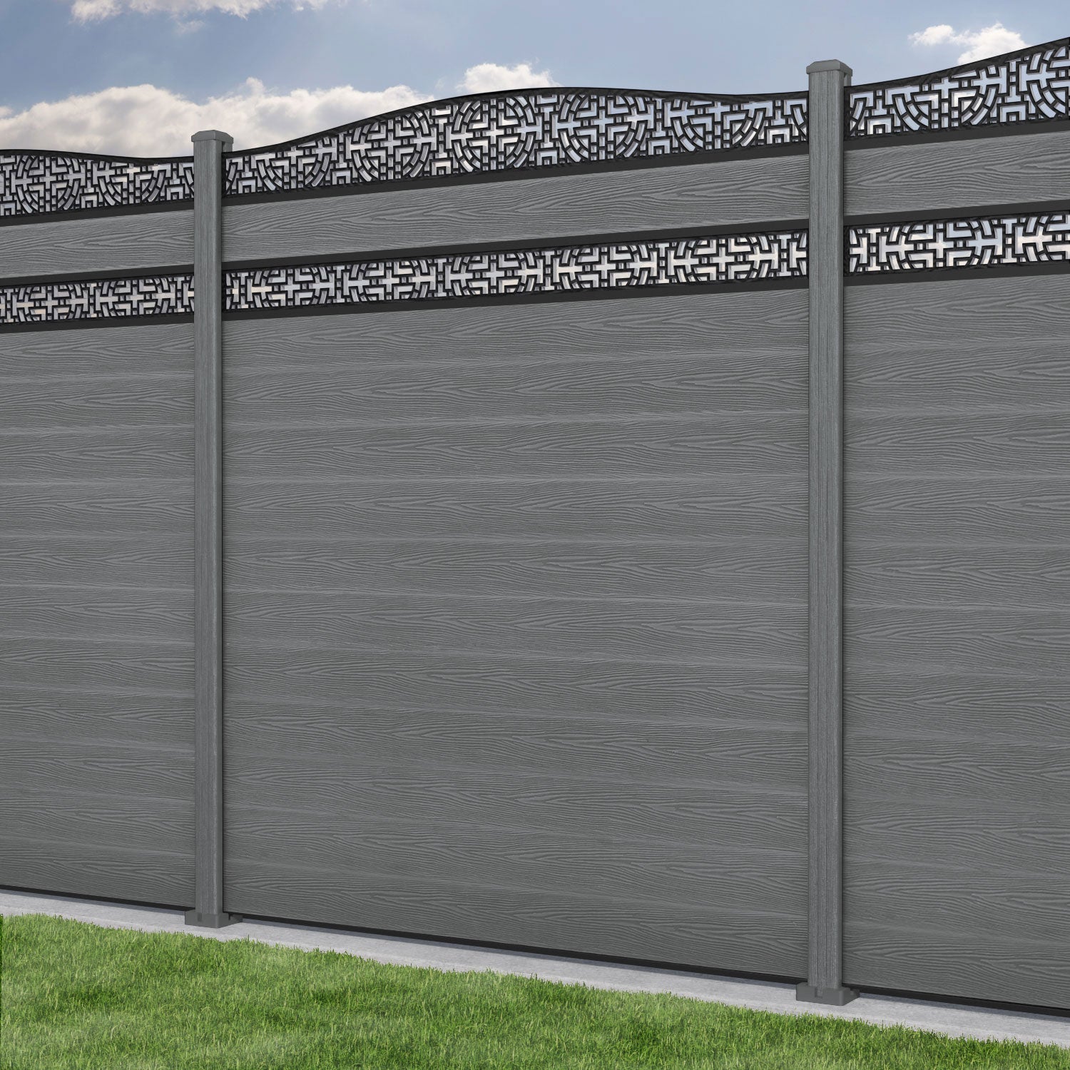 Classic Kumo Curved Top Split Screen Fence Panel - Mid Grey - with our composite posts