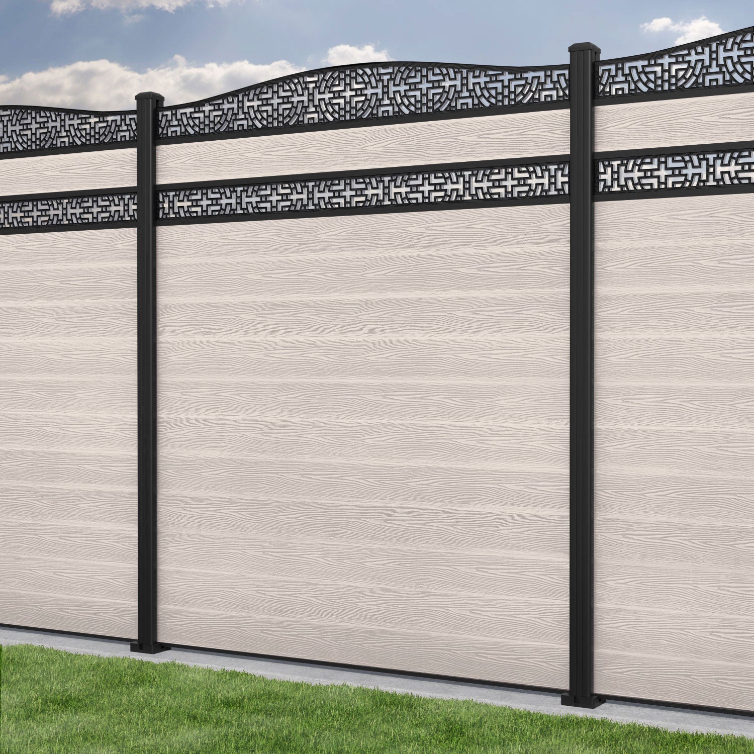 Classic Kumo Curved Top Split Screen Fence Panel - Mid Stone - with our aluminium posts