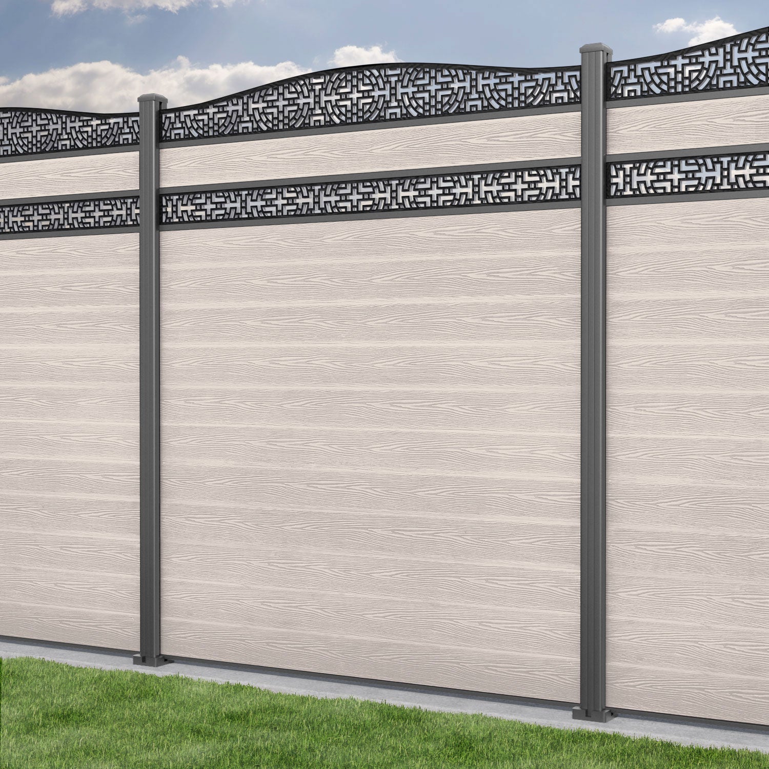 Classic Kumo Curved Top Split Screen Fence Panel - Mid Stone - with our aluminium posts
