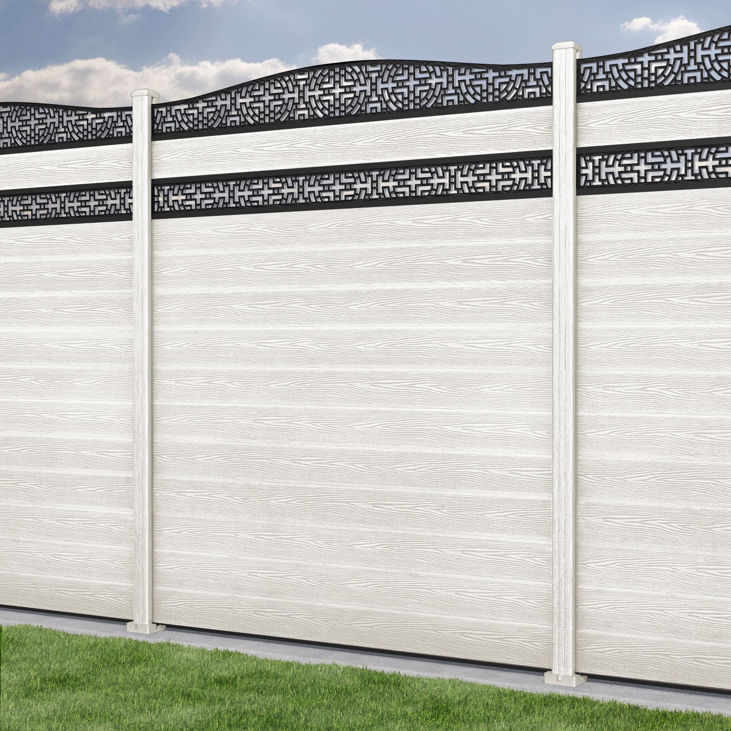 Classic Kumo Curved Top Split Screen Fence Panel - Light Stone - with our composite posts