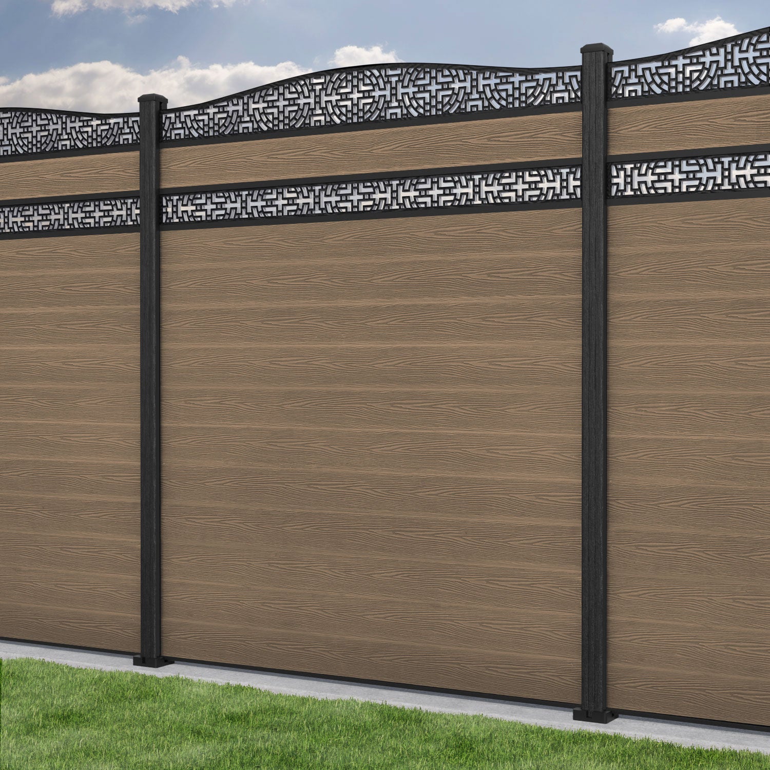 Classic Kumo Curved Top Split Screen Fence Panel - Teak - with our composite posts
