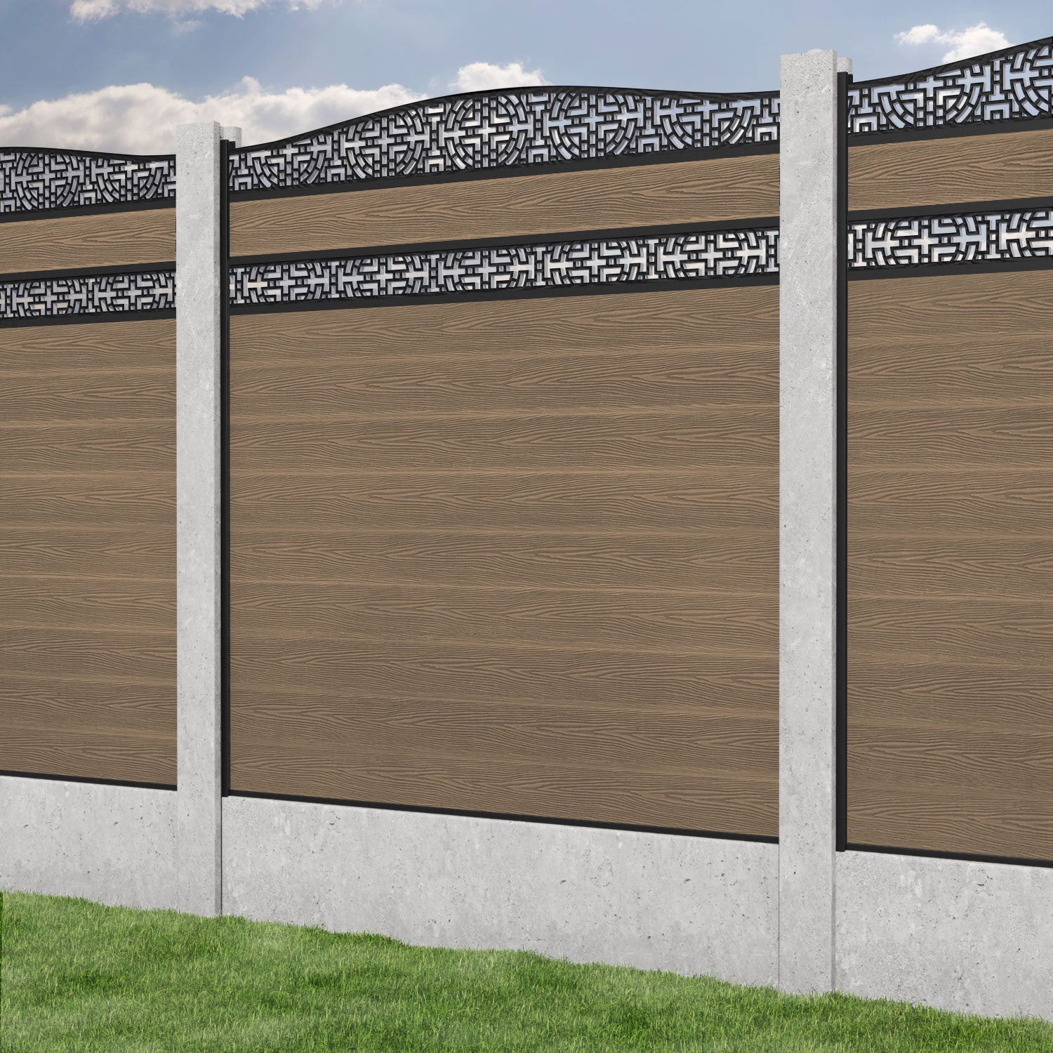 Classic Kumo Curved Top Split Screen Fence Panel - Teak - for existing concrete posts