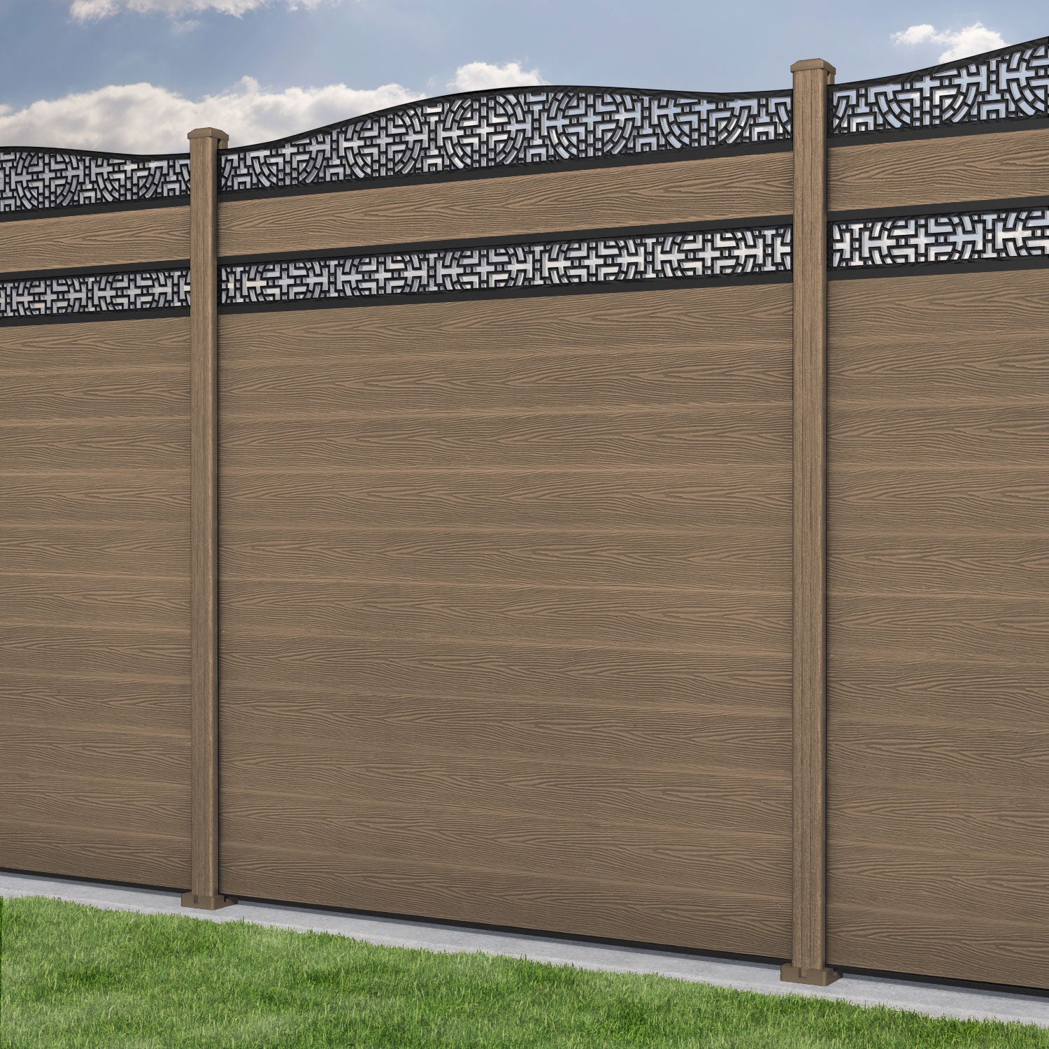Classic Kumo Curved Top Split Screen Fence Panel - Teak - with our composite posts