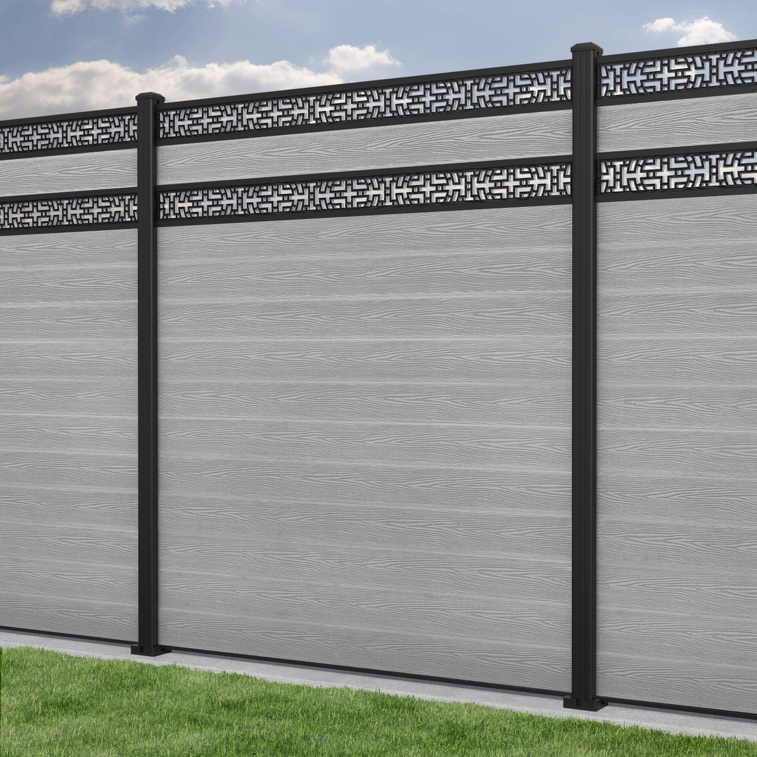 Classic Kumo Split Screen Fence Panel - Light Grey - with our aluminium posts