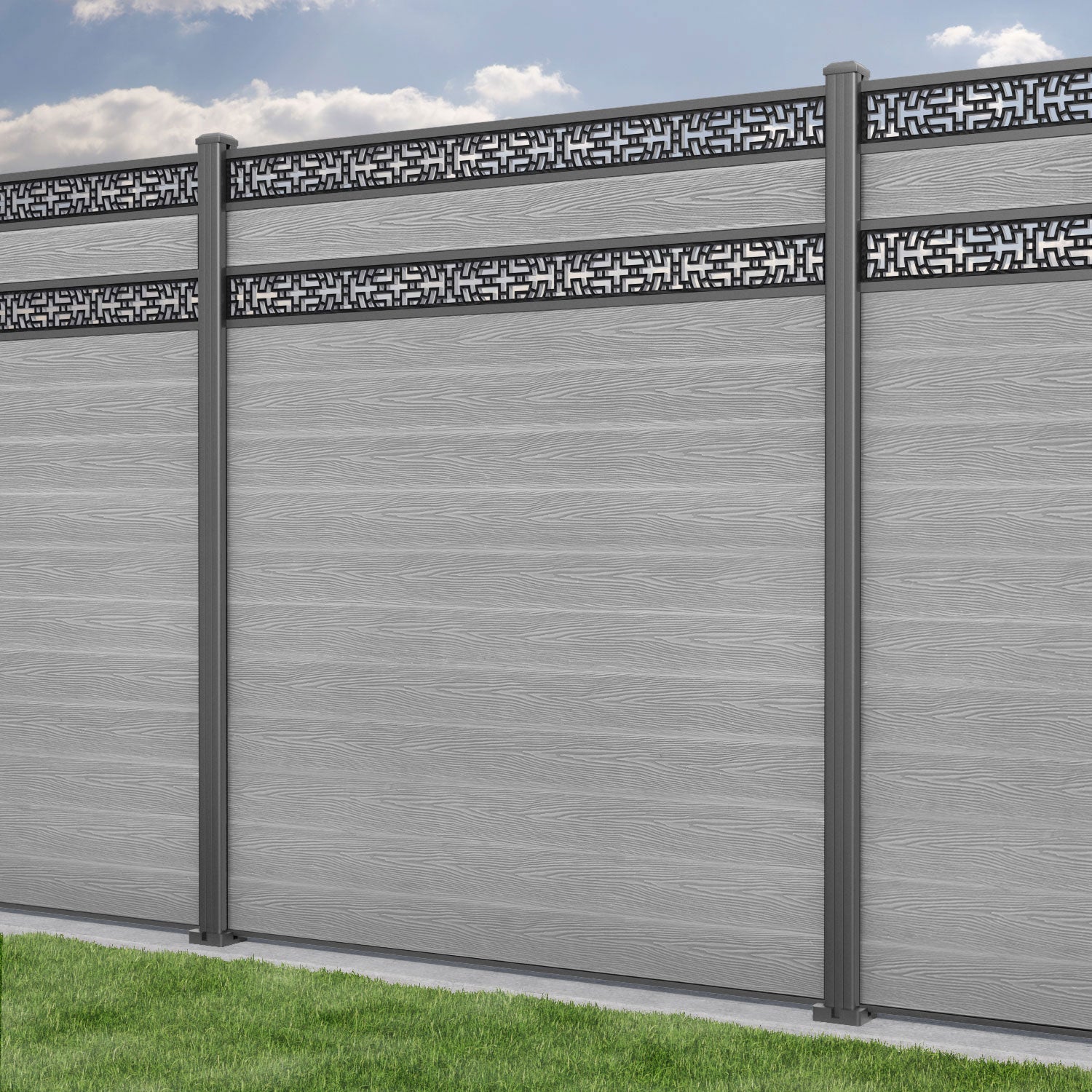 Classic Kumo Split Screen Fence Panel - Light Grey - with our aluminium posts