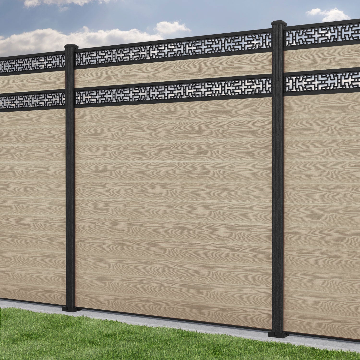 Classic Kumo Split Screen Fence Panel - Light Oak - with our composite posts