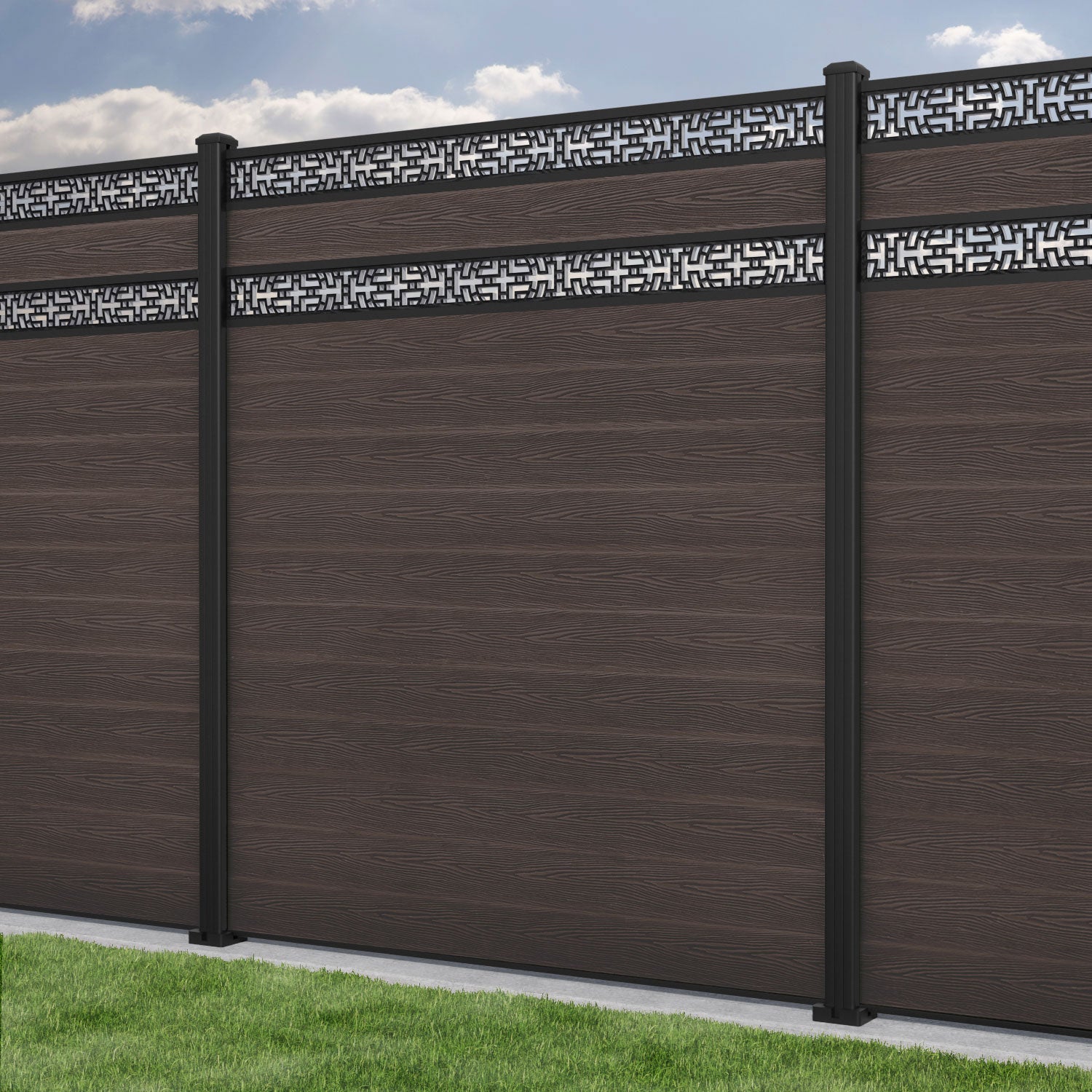 Classic Kumo Split Screen Fence Panel - Mid Brown - with our aluminium posts