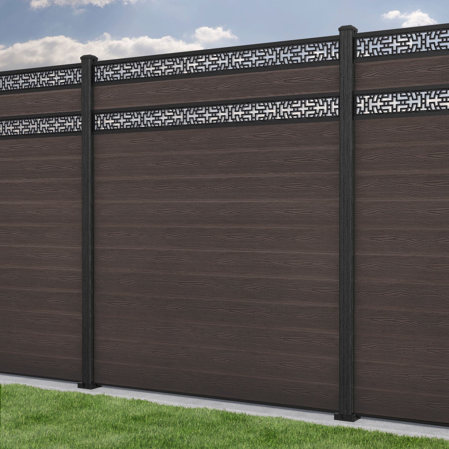 Classic Kumo Split Screen Fence Panel - Mid Brown - with our composite posts