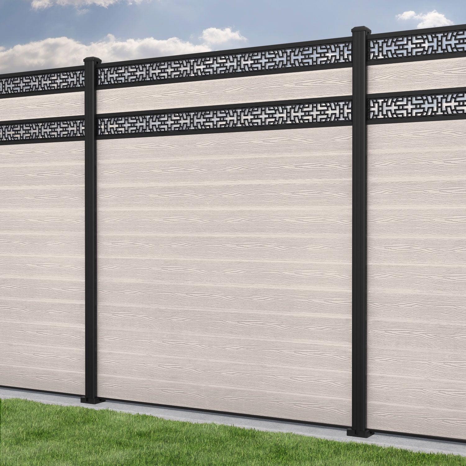 Classic Kumo Split Screen Fence Panel - Mid Stone - with our aluminium posts