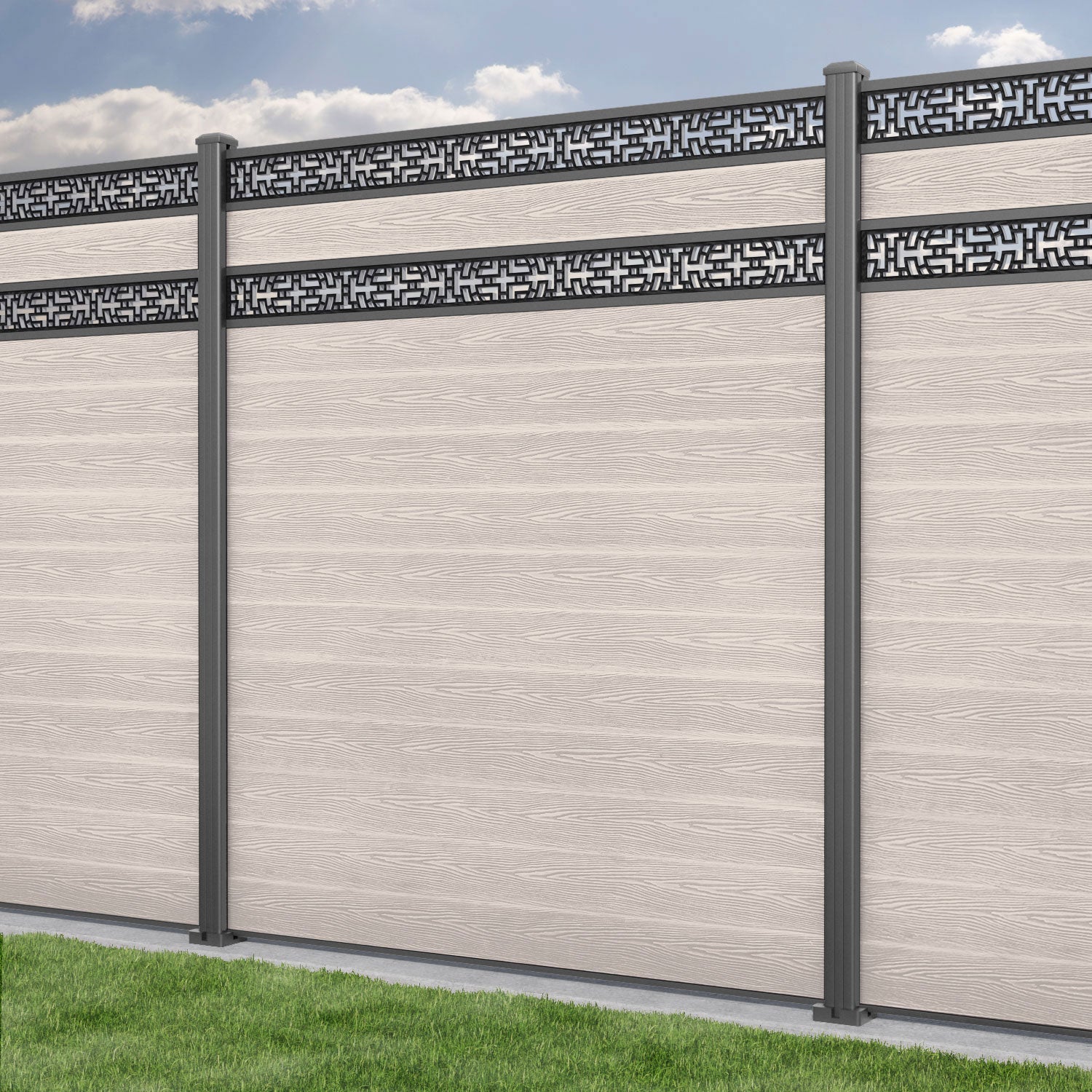 Classic Kumo Split Screen Fence Panel - Mid Stone - with our aluminium posts