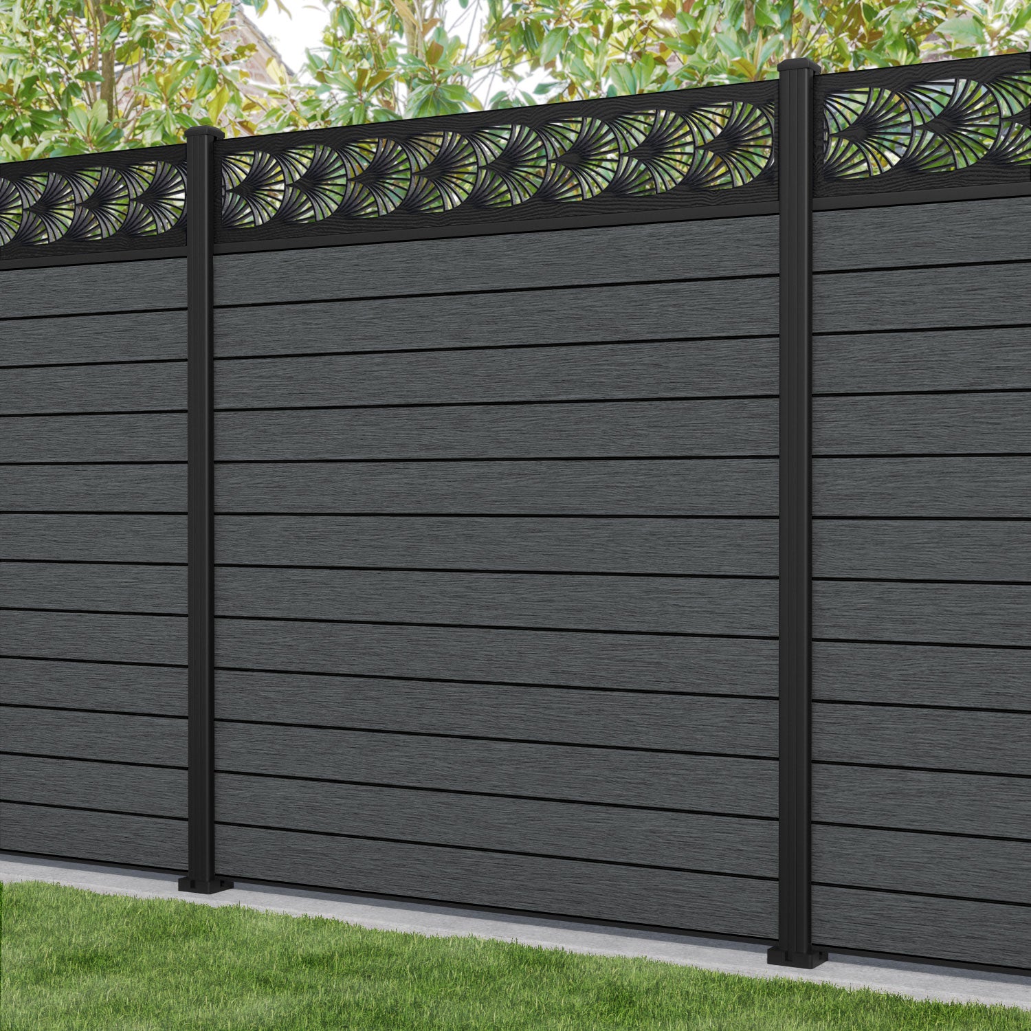 Fusion Laurel Fence Panel - Dark Grey - with our aluminium posts
