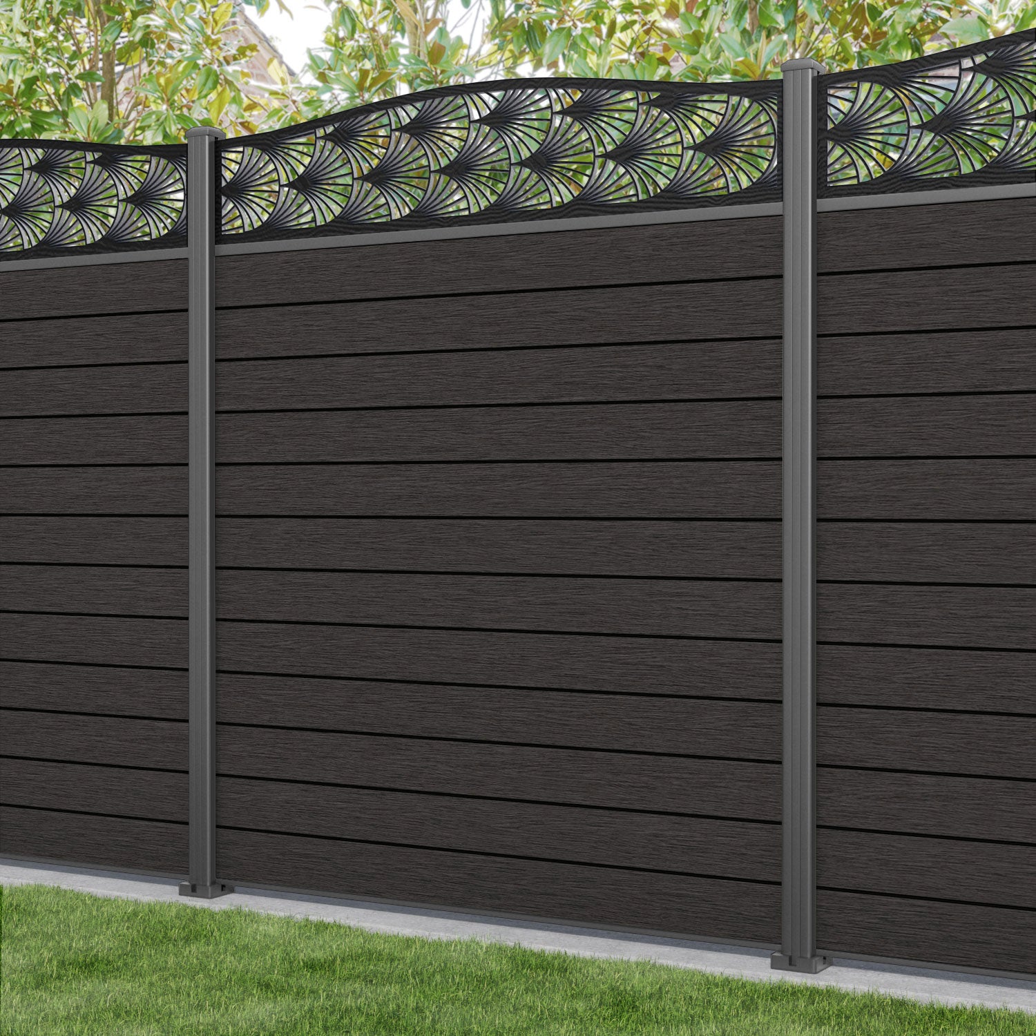 Fusion Laurel Curved Top Fence Panel - Dark Oak - with our aluminium posts