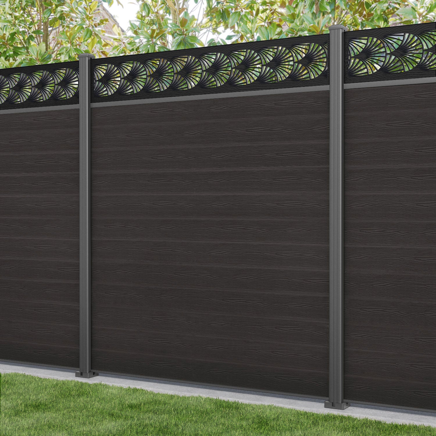 Classic Laurel Fence Panel - Dark Oak - with our aluminium posts