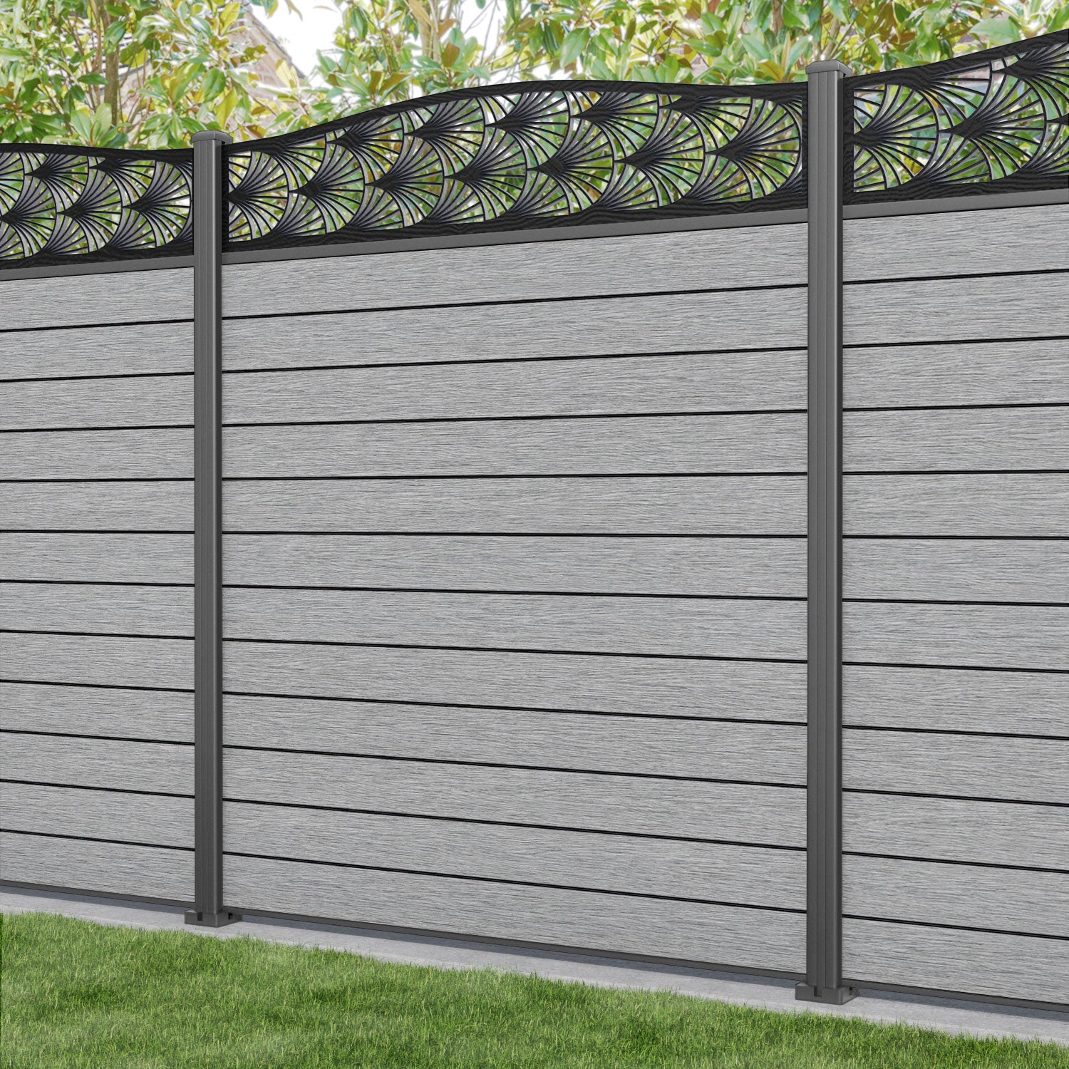 Fusion Laurel Curved Top Fence Panel - Light Grey - with our aluminium posts