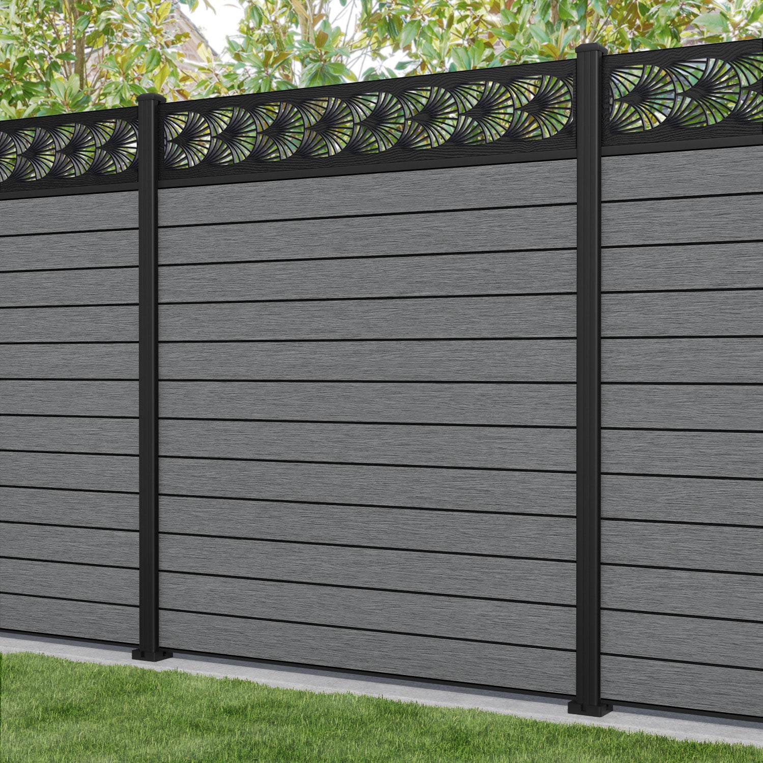 Fusion Laurel Fence Panel - Mid Grey - with our aluminium posts