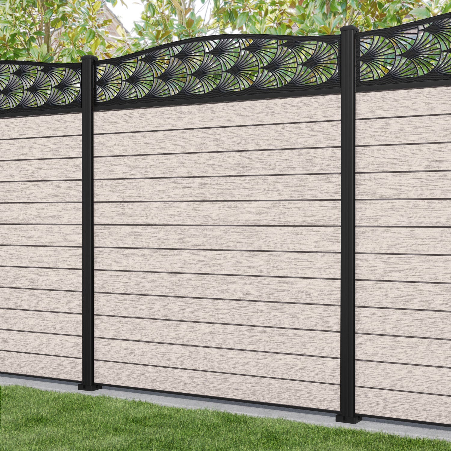 Fusion Laurel Curved Top Fence Panel - Mid Stone - with our aluminium posts