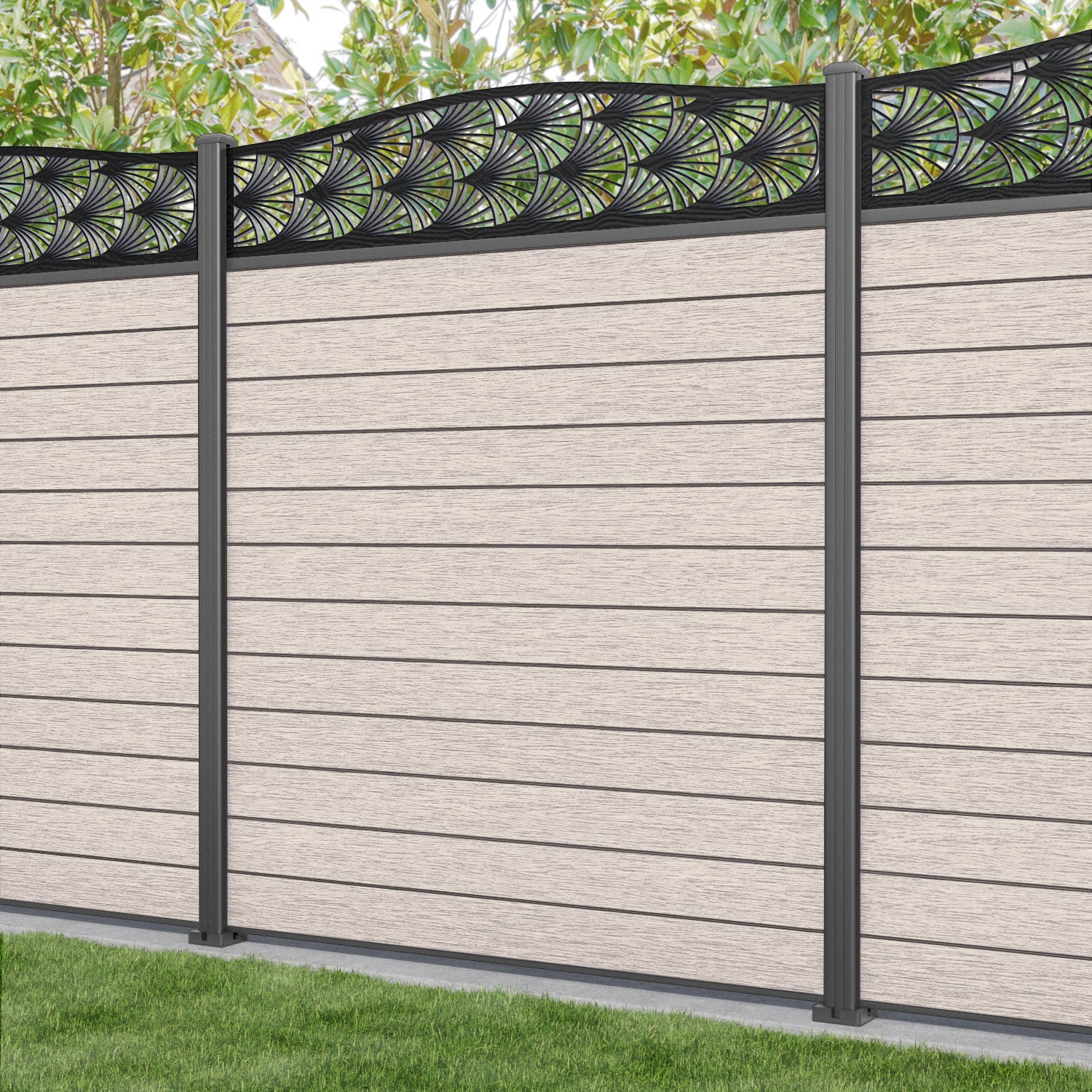 Fusion Laurel Curved Top Fence Panel - Mid Stone - with our aluminium posts