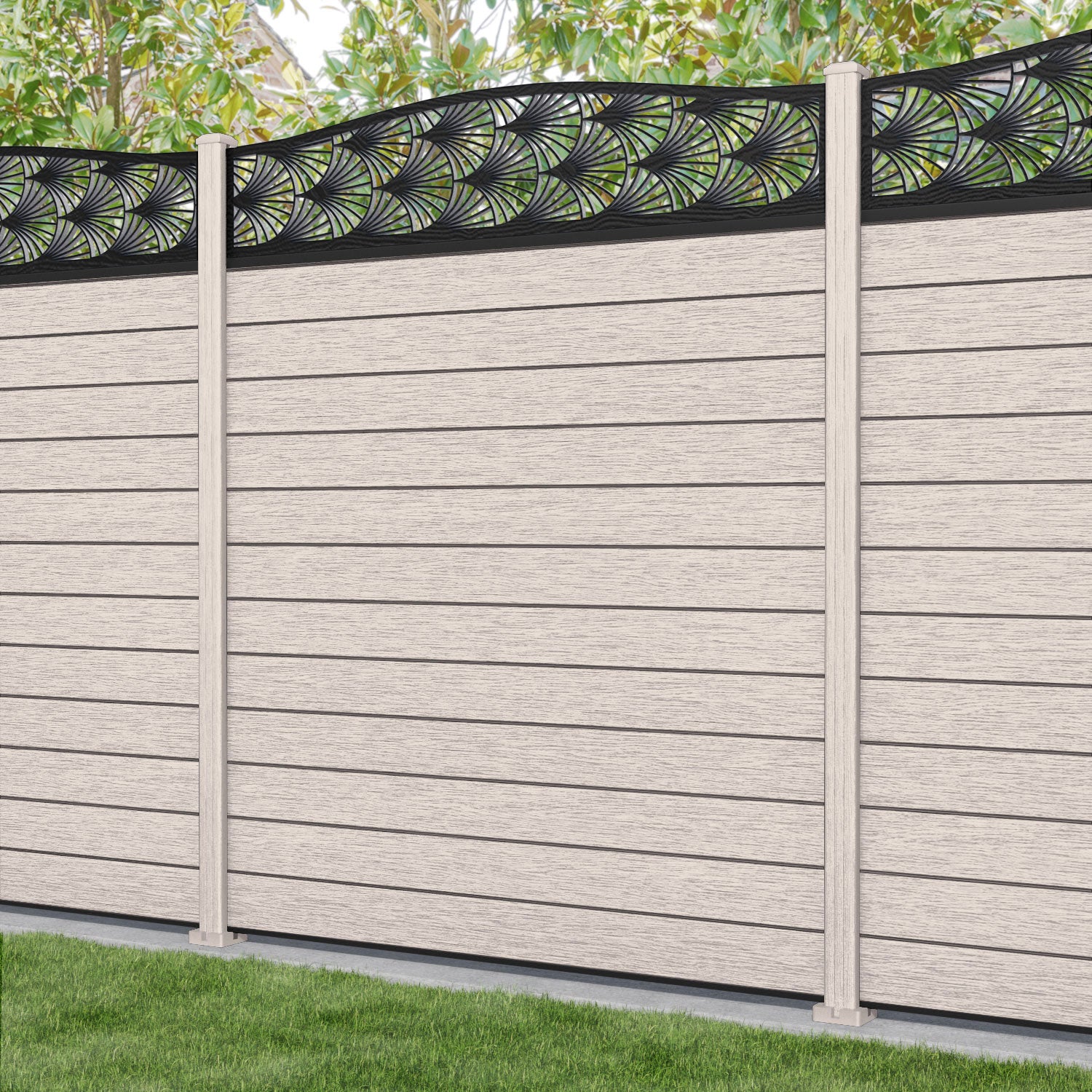Fusion Laurel Curved Top Fence Panel - Mid Stone - with our composite posts